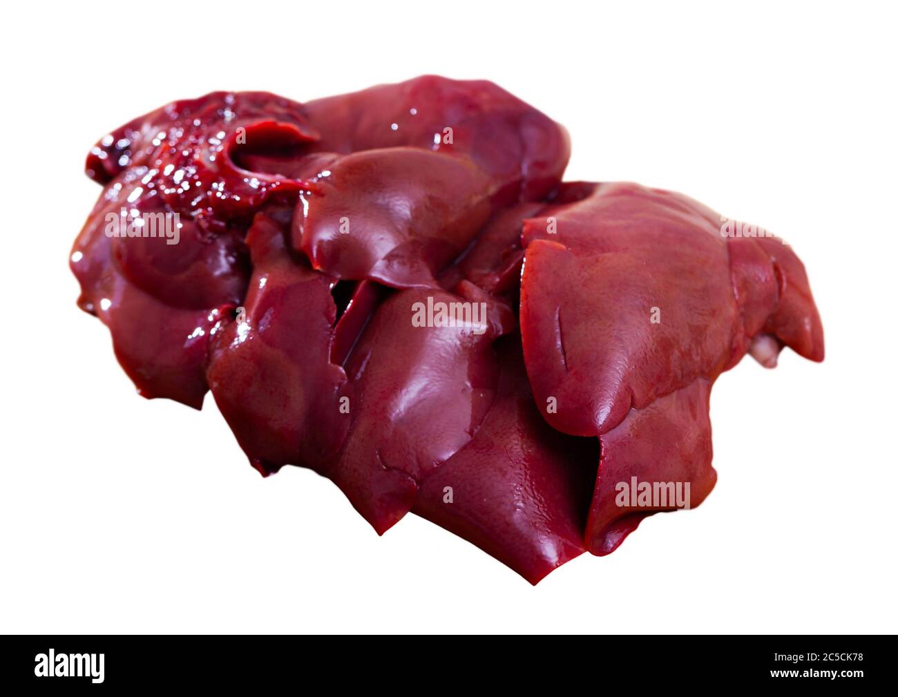 Frische rohe Kaninchenleber. Diätetisches Fleischprodukt. Isoliert auf weißem Hintergrund Stockfoto