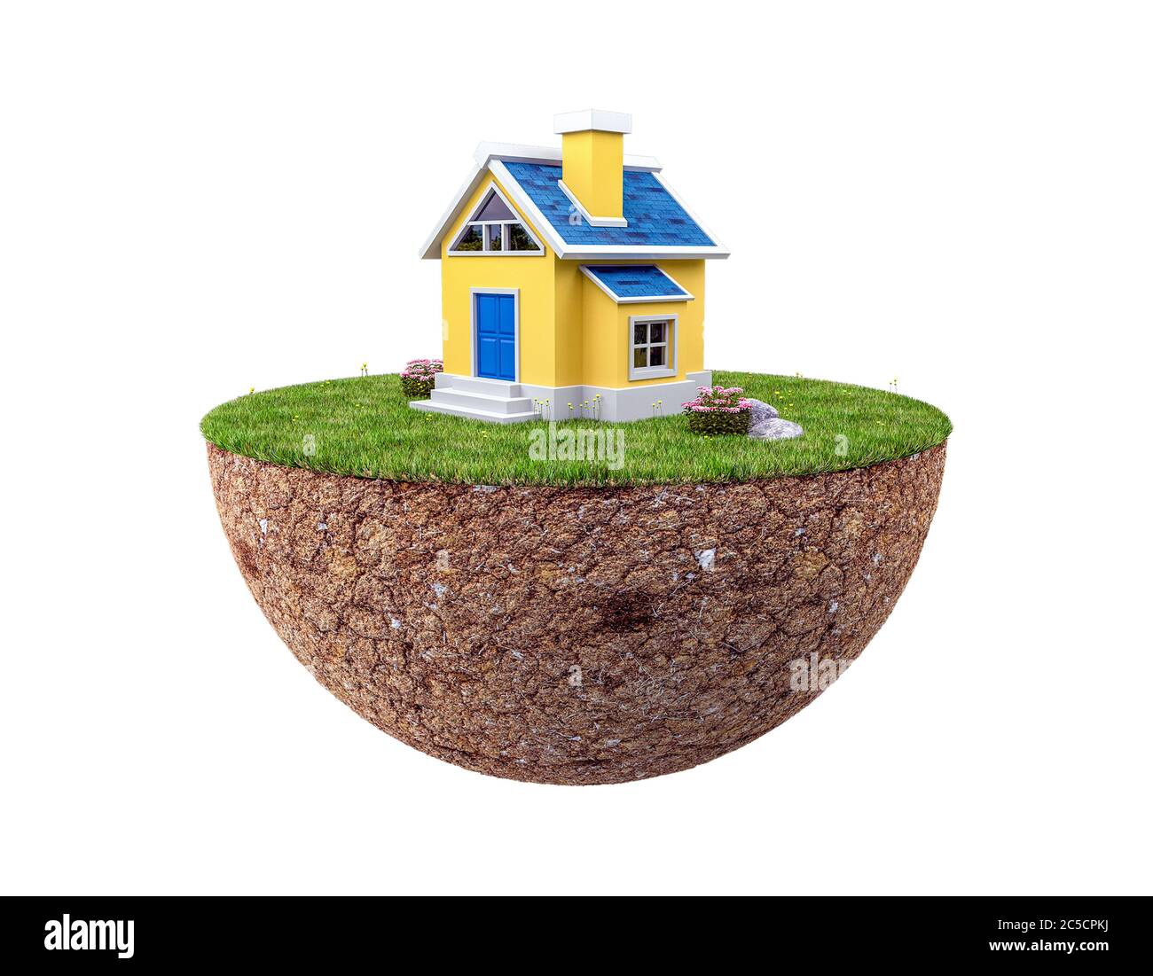 Schwimmende Land mit kleinem Haus und Rasen isoliert auf weißem Hintergrund, 3d-Rendering Stockfoto