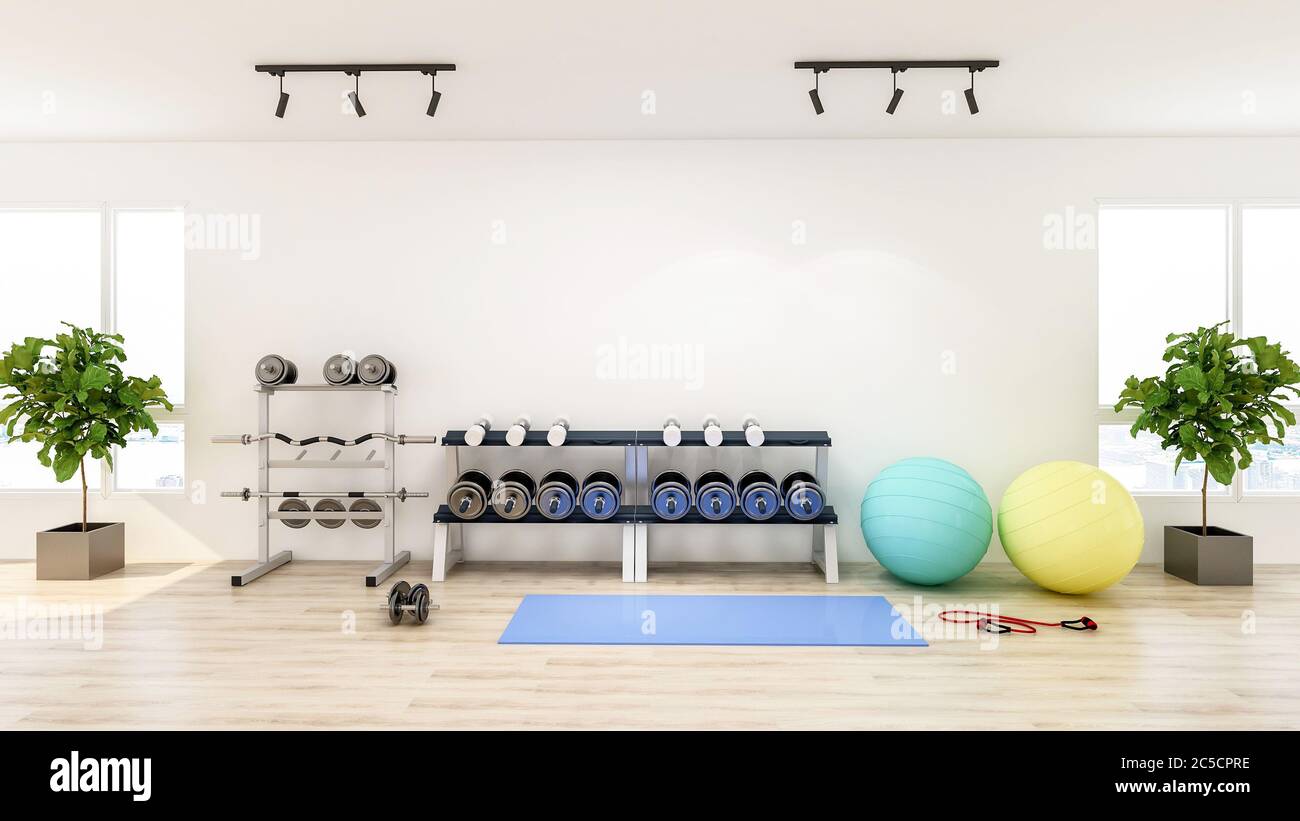 Modernes Fitnessstudio mit Sport- und Fitnessgeräten, Fitnessstudio inior, 3D-Rendering Stockfoto