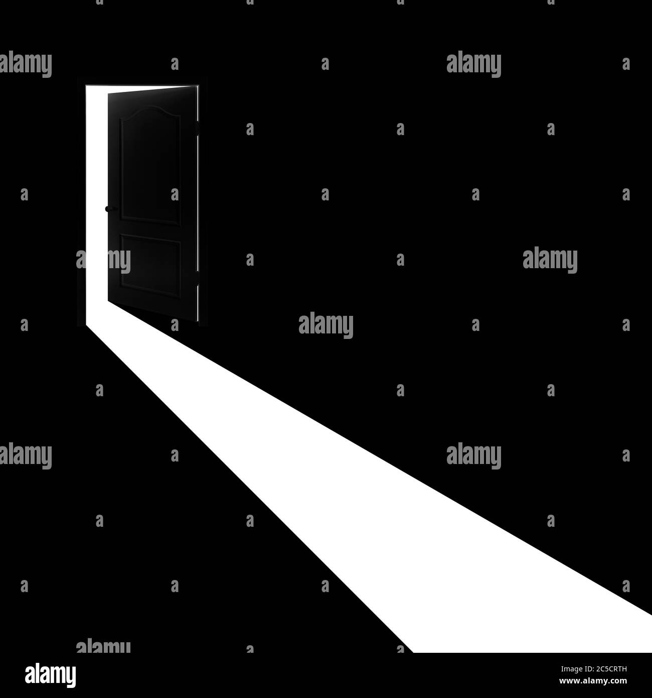 Konzept - Licht von offener Tür auf schwarzem Hintergrund. Stockfoto
