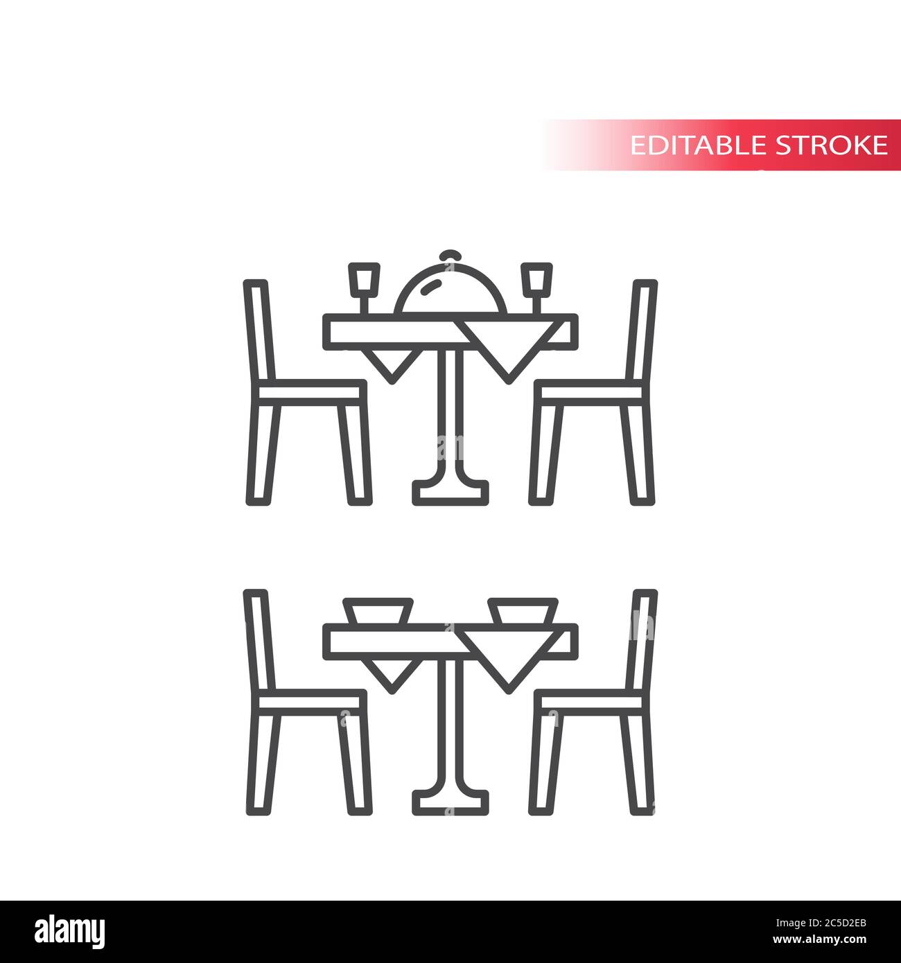 Esstisch für zwei Personen mit Tischdecke, Weingläsern, Mehlmütze und Stühlen. Symbolsatz für dünne Linien, bearbeitbare Kontur. Stock Vektor