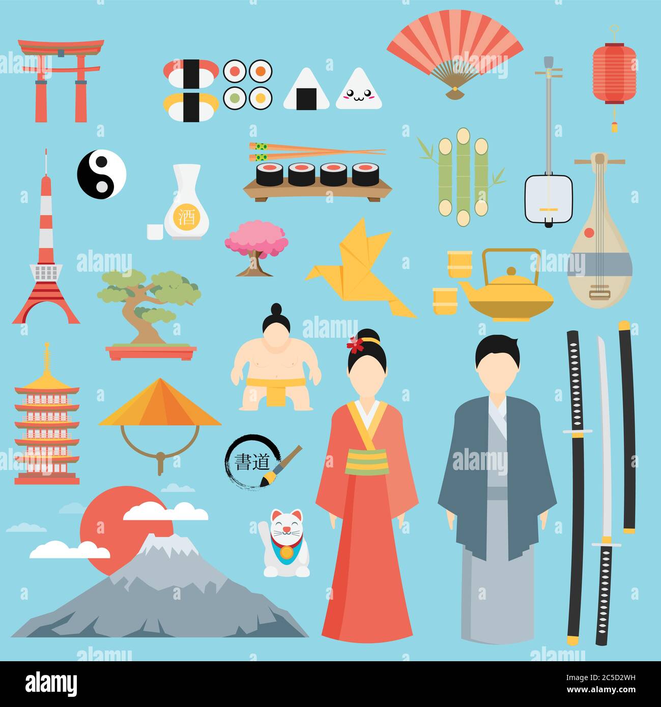 Flaches Japan Symbole und Symbole gesetzt. Illustration zum japanischen Thema. Stock Vektor