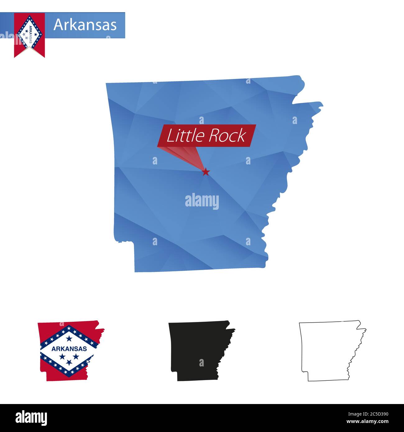 State of Arkansas blau Low Poly Karte mit Hauptstadt Little Rock