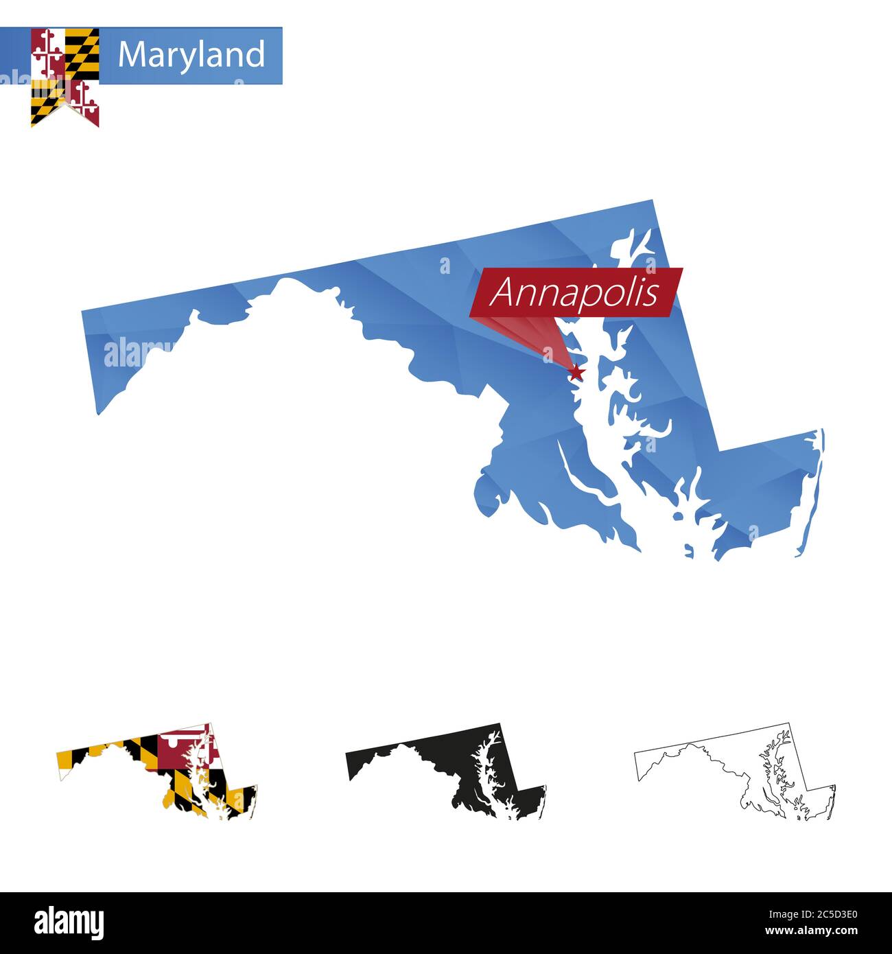 State of Maryland blau Low Poly Karte mit Hauptstadt Annapolis, Versionen mit Flagge, schwarz und Umriss. Vektorgrafik. Stock Vektor