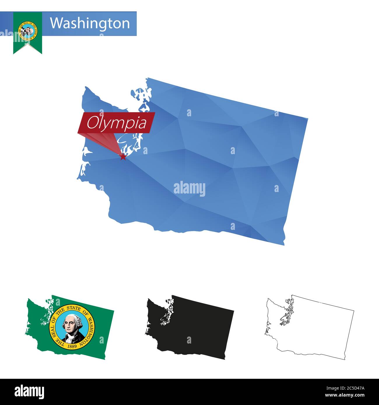 State of Washington blau Low Poly Karte mit Hauptstadt Olympia, Versionen mit Flagge, schwarz und Umriss. Vektorgrafik. Stock Vektor