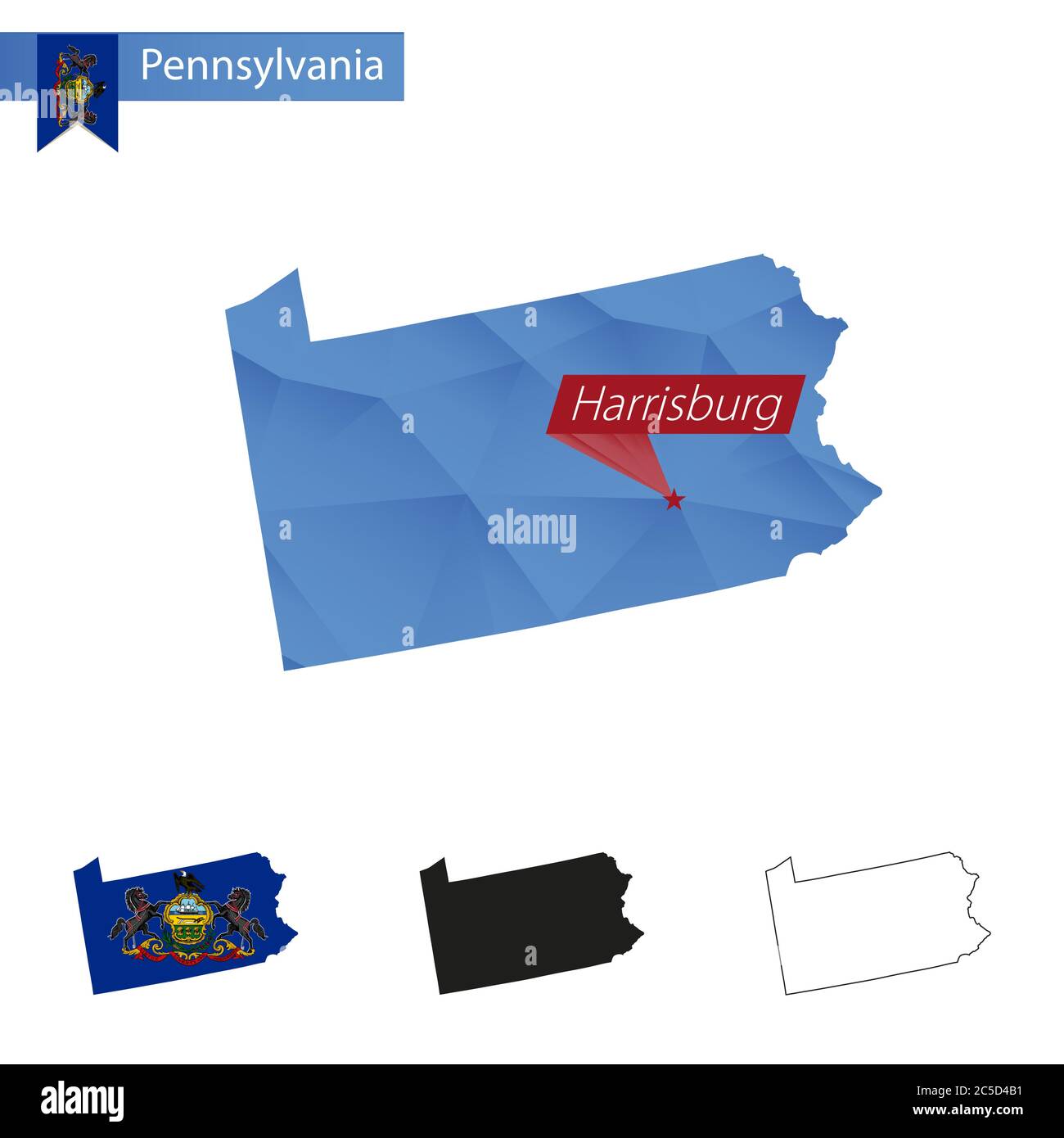 State of Pennsylvania blau Low Poly Karte mit Hauptstadt Harrisburg, Versionen mit Flagge, schwarz und Umriss. Vektorgrafik. Stock Vektor
