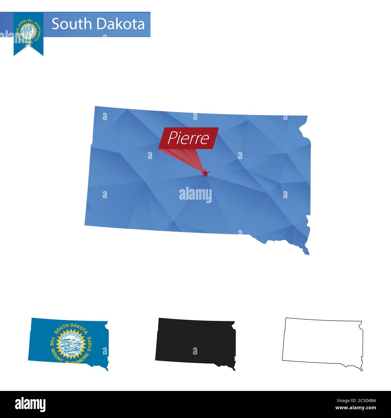State of South Dakota blaue Low Poly Karte mit Hauptstadt Pierre, Versionen mit Flagge, schwarz