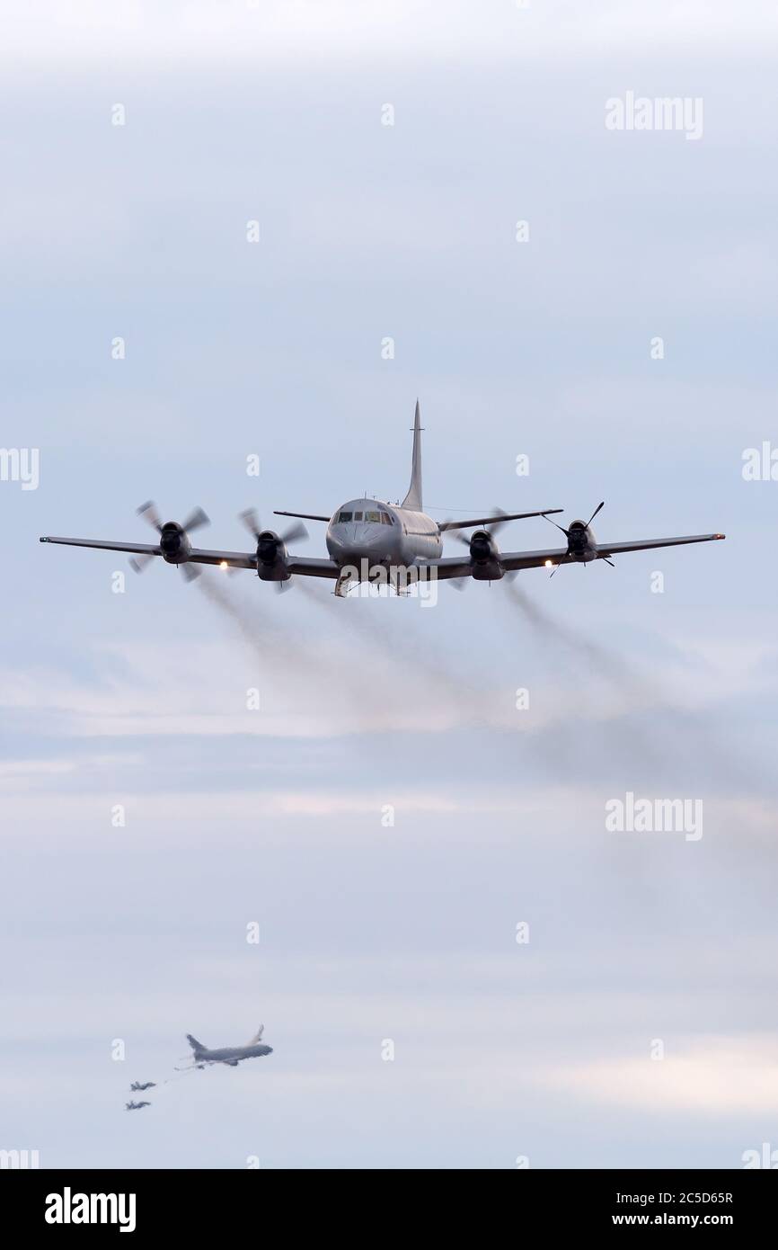 Royal Australian Air Force (RAAF) Lockheed AP-3C Orion Maritime Patrol und Anti-Submarine Warfare Flugzeuge fliegen mit anderen Luftwaffe Flugzeuge in der Stockfoto