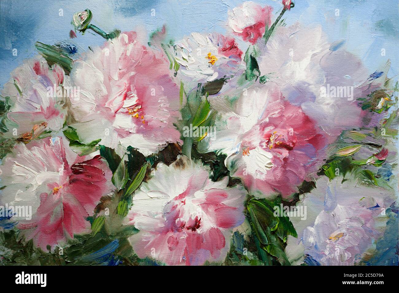 Blumenstrauß. Ölgemälde hellrosa Pfingstrosen Nahaufnahme. Hand Ölgemälde auf Leinwand Stockfoto