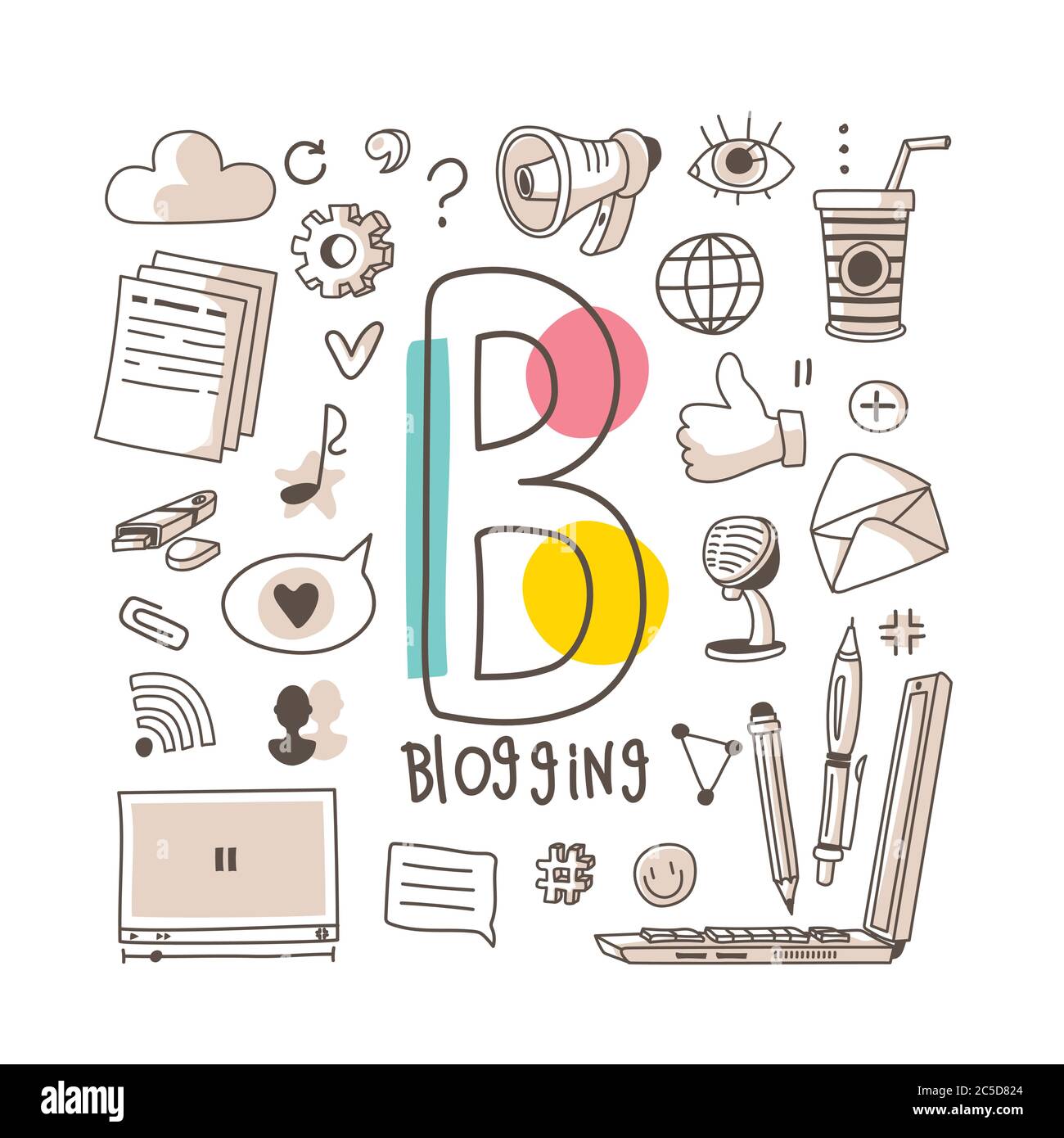 Buchstabe B - Blogging, nette Alphabet-Reihe im Doodle-Stil, Vektor-Abbildung Stock Vektor