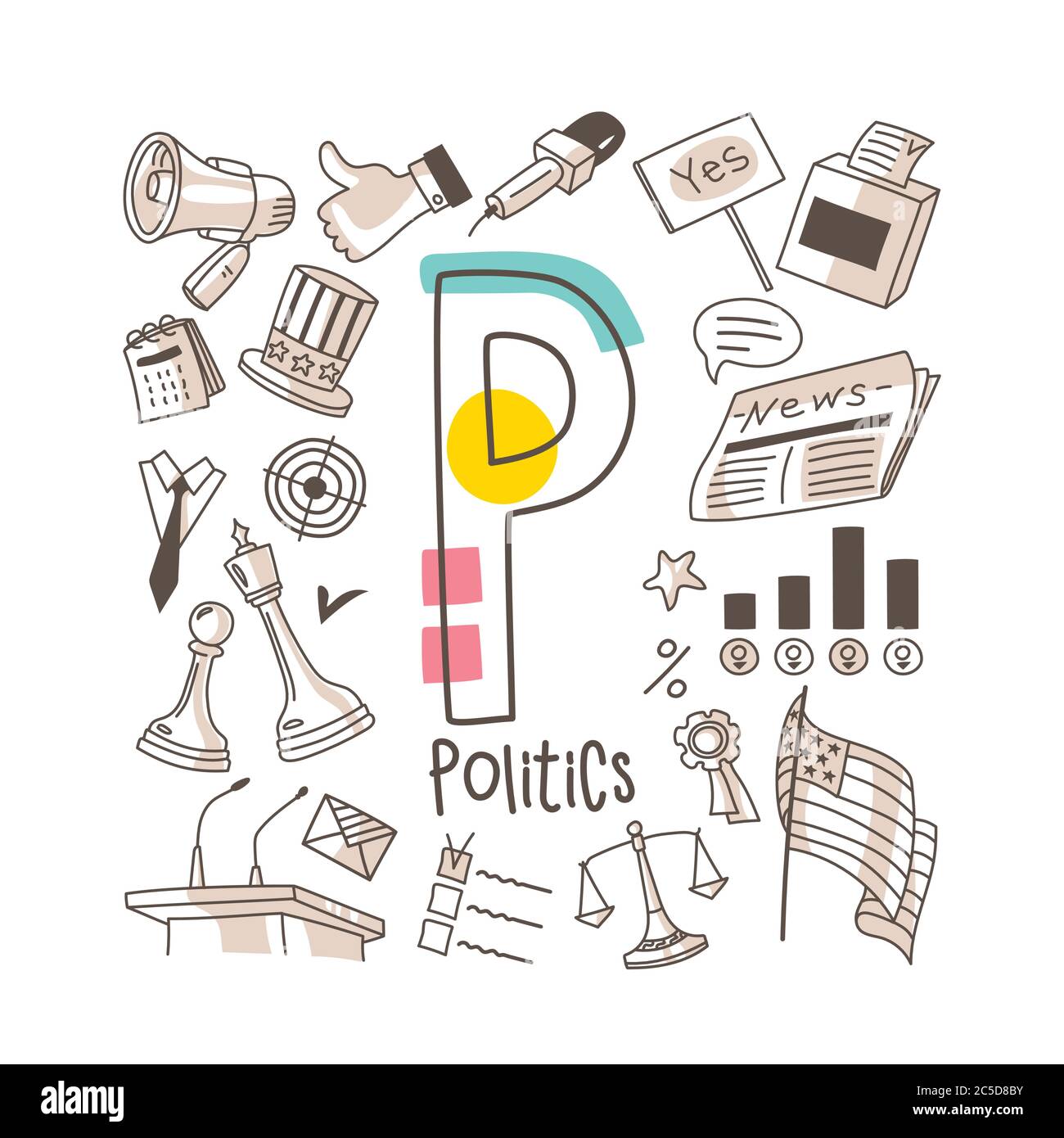 Buchstabe P - Politik, nette Alphabet-Reihe im Doodle-Stil, Vektor-Abbildung Stock Vektor