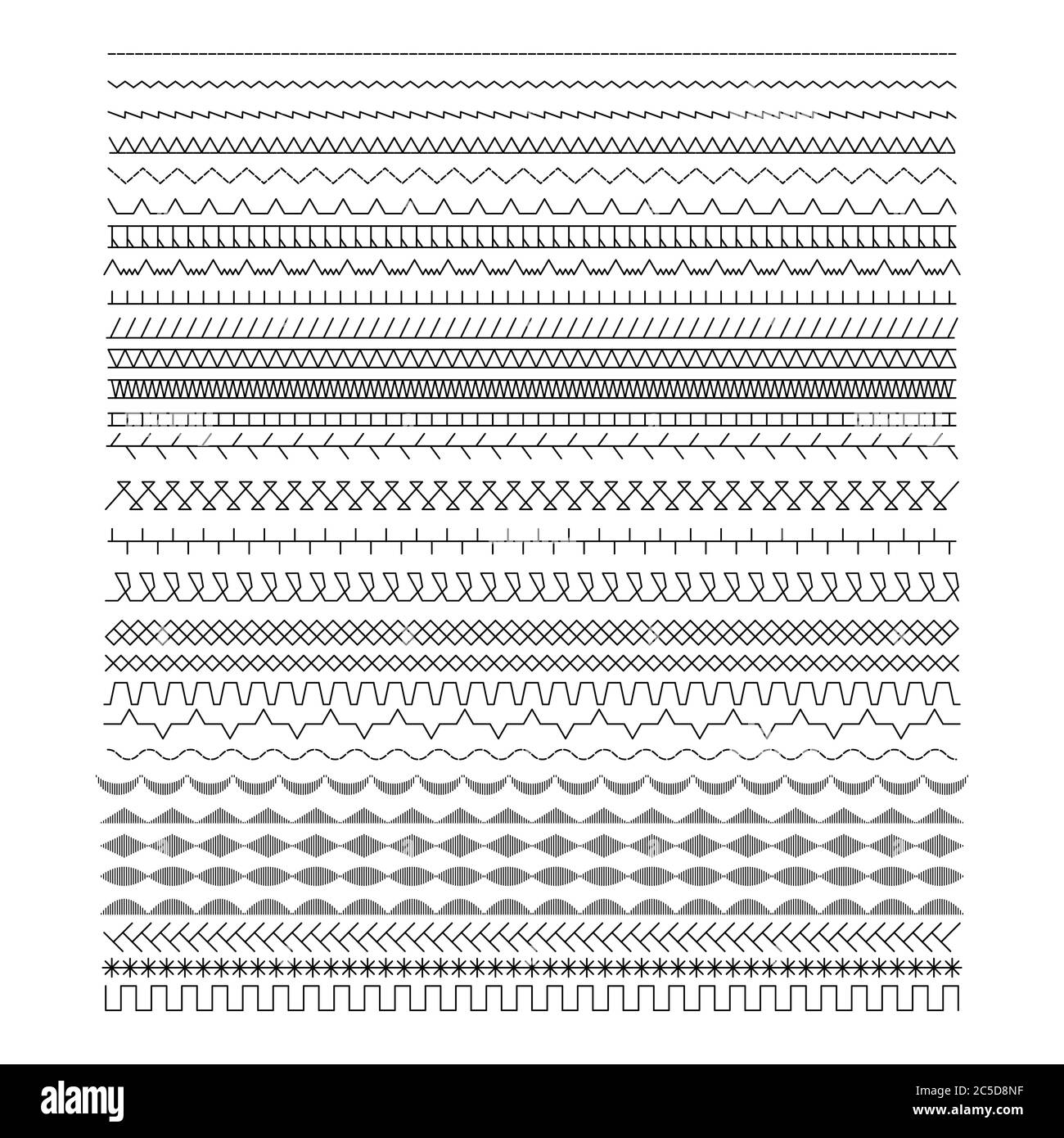 Eine Reihe von Nähmaschinen Linien. Schwarze Stichmuster Vektor-Illustration. Stock Vektor