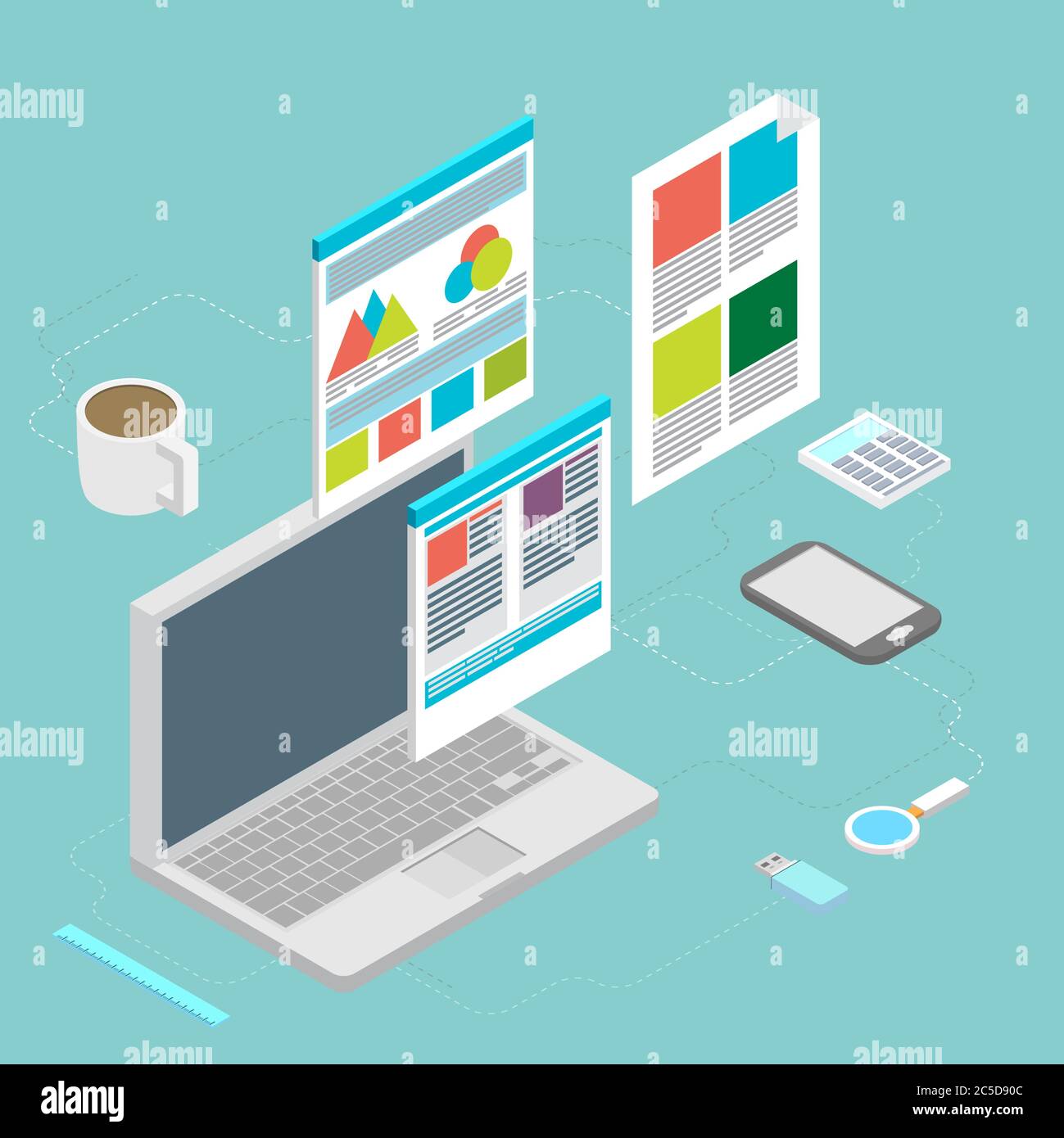 Isometrisches Design Vektor Illustration Konzept Symbole Satz von modernen Programmierer Workflow für Web-Codierung und HTML-Programmierung Benutzeroberfläche Elemente. Stock Vektor