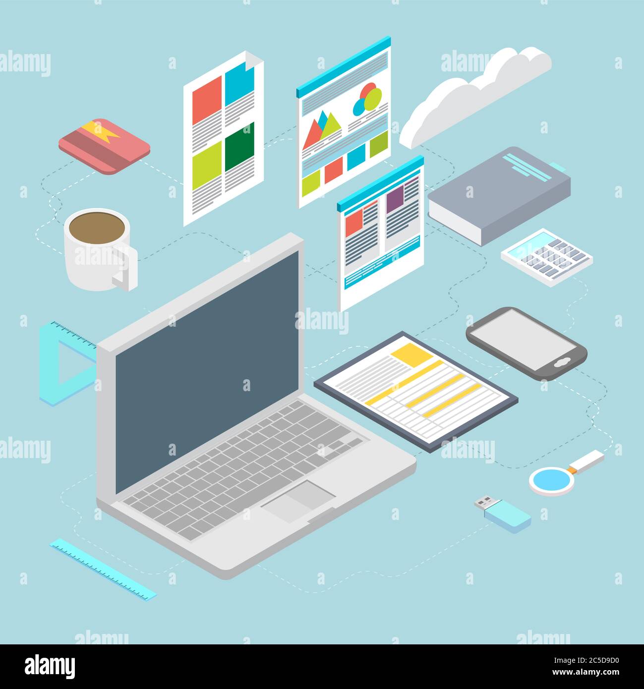 Isometrisches Design Vektor Illustration Konzept Symbole Satz von modernen Programmierer Workflow für Web-Codierung und HTML-Programmierung Benutzeroberfläche Elemente. Stock Vektor