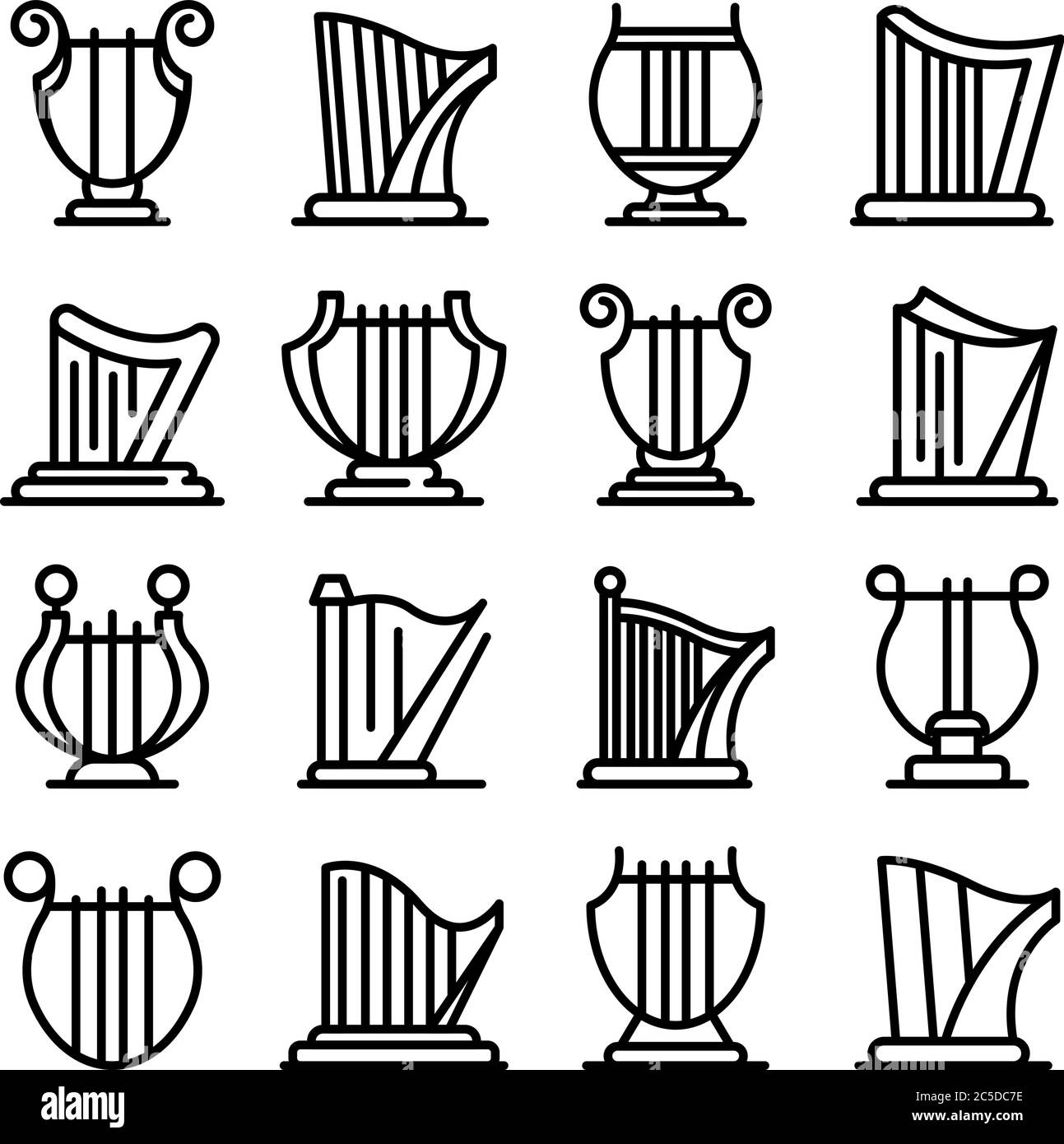 Harp Symbole gesetzt, Umriss Stil Stock Vektor