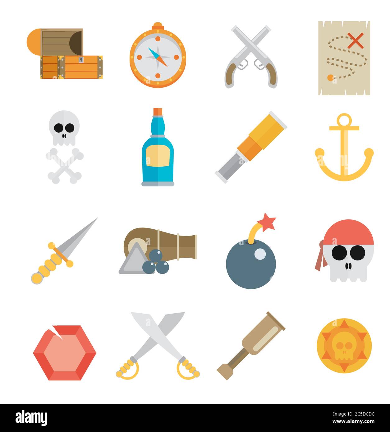 Pirate Zubehör Symbole flach Icons Sammlung mit hölzernen Schatzkiste und fröhliche roger Flagge abstrakte Vektor-Illustration Stock Vektor