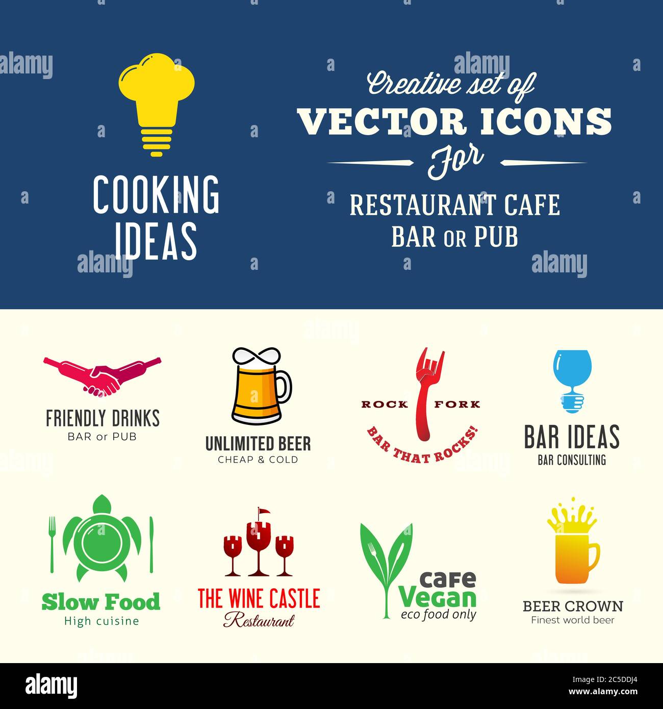 Set von kreativen Vektor-Icons für Restaurant Café-Bar oder Pub mit Typografie Stock Vektor