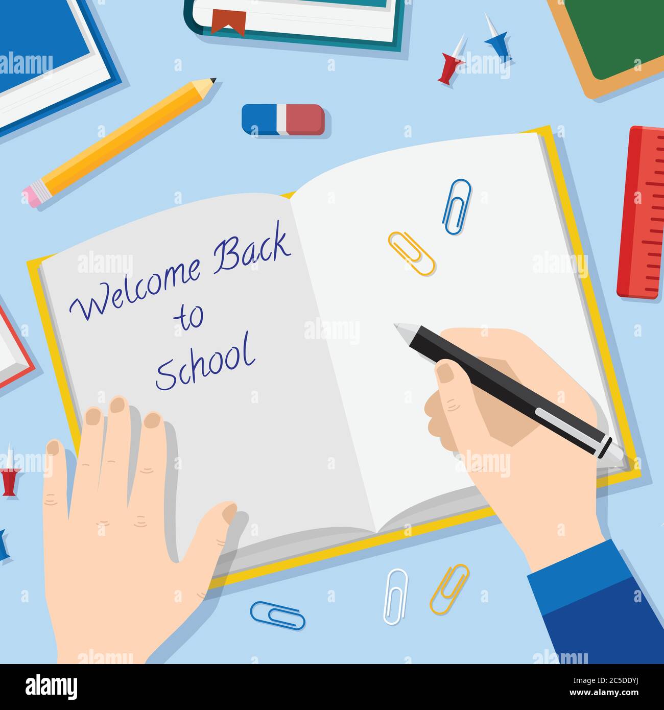 Back to School Flat Style Vektor Hintergrund mit geöffneten Textbook Bleistifte Pen Books und andere stationäre Stock Vektor
