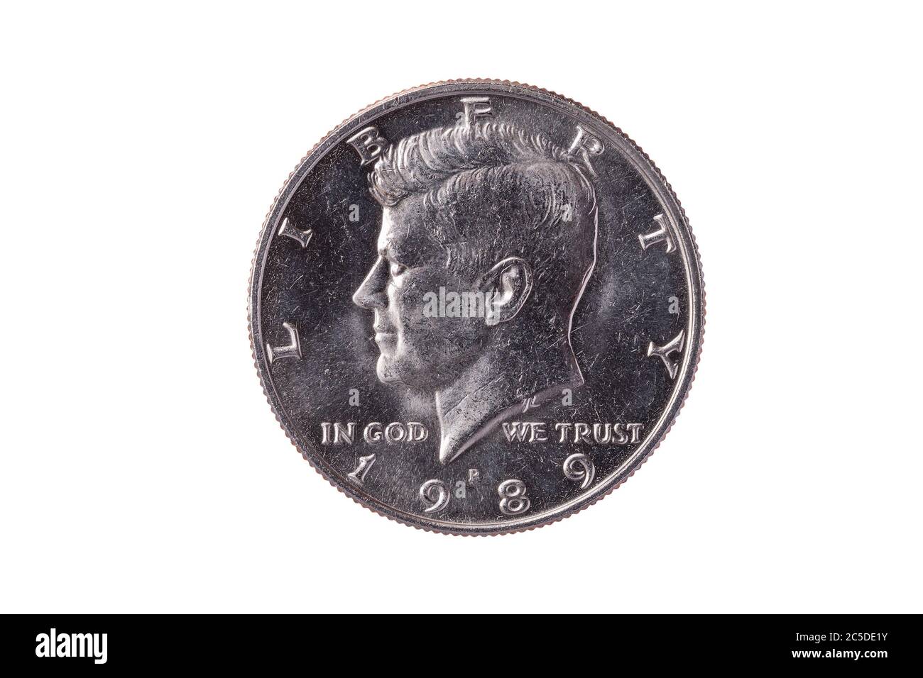 USA Half Dollar Nickel Münze (50 Cent) datiert 1989 mit einem Porträt von Präsident John Kennedy ausgeschnitten und isoliert auf einem weißen Hintergrund Stockfoto