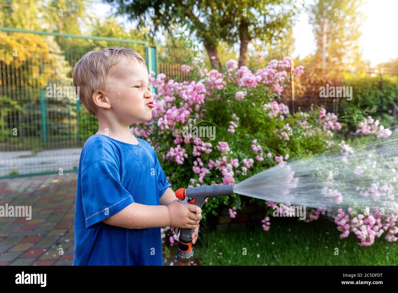 Nette liebenswert kaukasischen blonde Kleinkind Junge genießen Spaß  Bewässerung Garten Blume und Rasen mit Schlauchleitung Sprinkler zu Hause  Hinterhof an sonnigen Tag Stockfotografie - Alamy