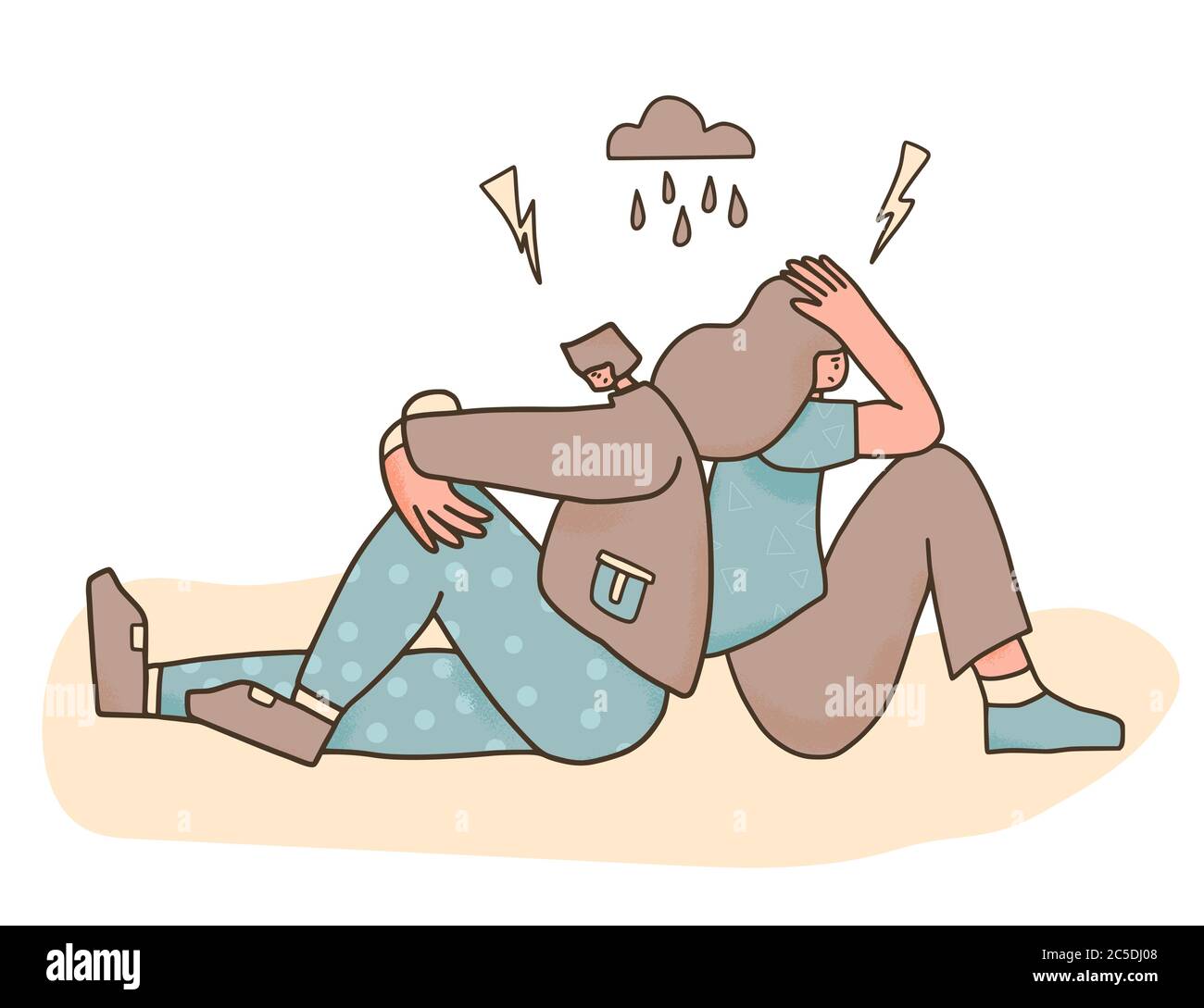 Schlechte Beziehung. Psychologische Probleme. Junge Menschen mit schlechter Laune sitzen sich zurück an den Rücken. Pairing in einem Kampf. Paar junge Menschen nach Vector illustra Stock Vektor