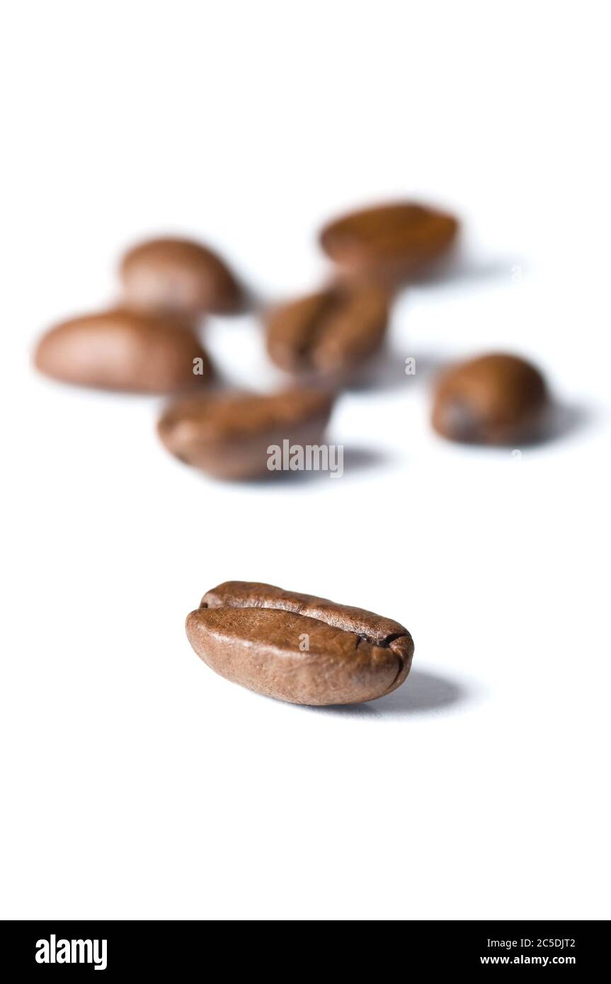 Geröstete Kaffeebohnen isoliert auf weißem Hintergrund - Detail. Nahaufnahme einer braunen Bohne von Aroma schwarzen Koffein Getränk Zutat für Kaffee Getränk Stockfoto