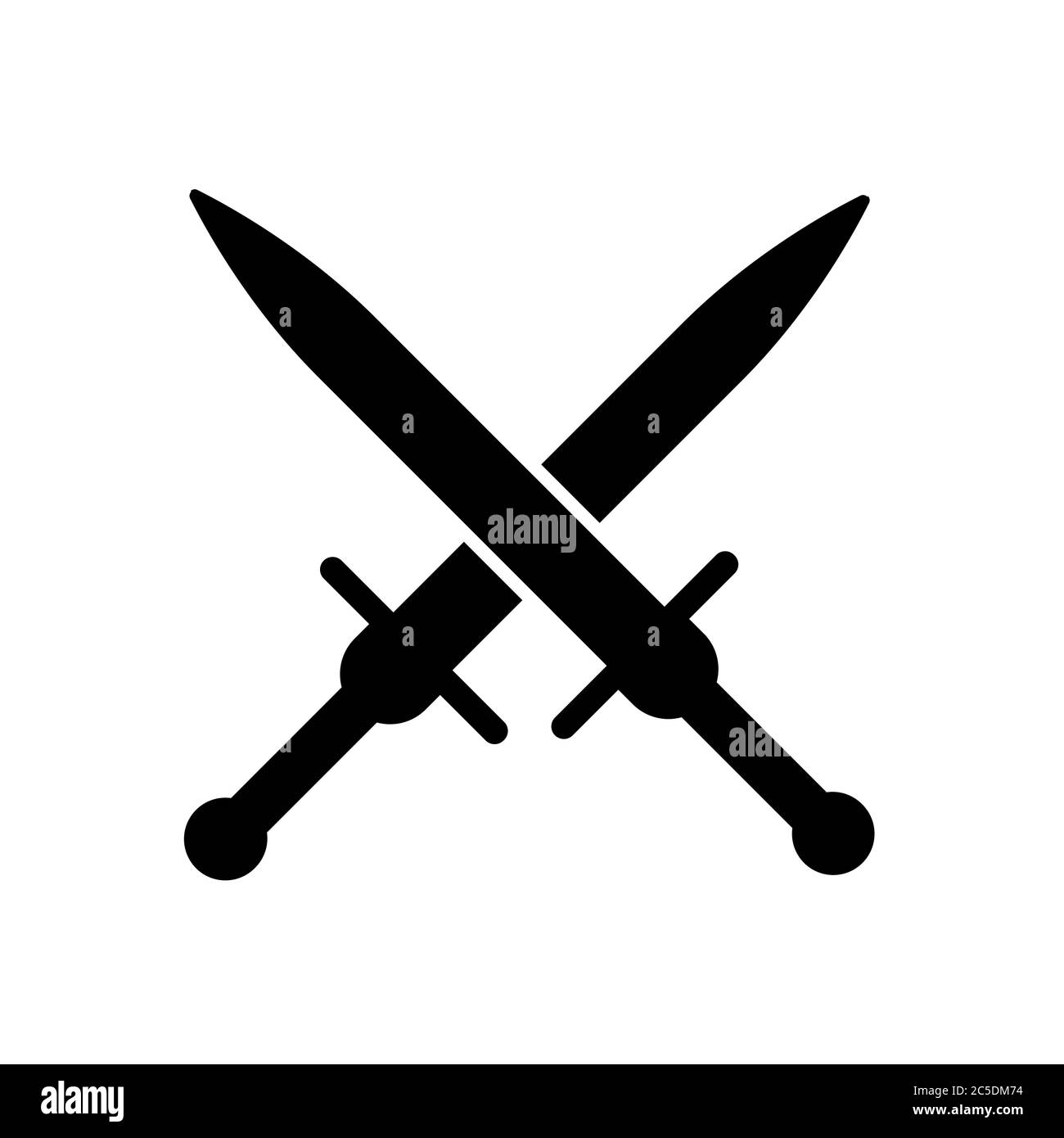 Schwert Symbol auf weißem Hintergrund. Eine Art Nahkampfwaffe mit direkter Klinge, die zum Schneiden und Durchstechen von Schlägen entwickelt wurde. EPS 10. Stock Vektor