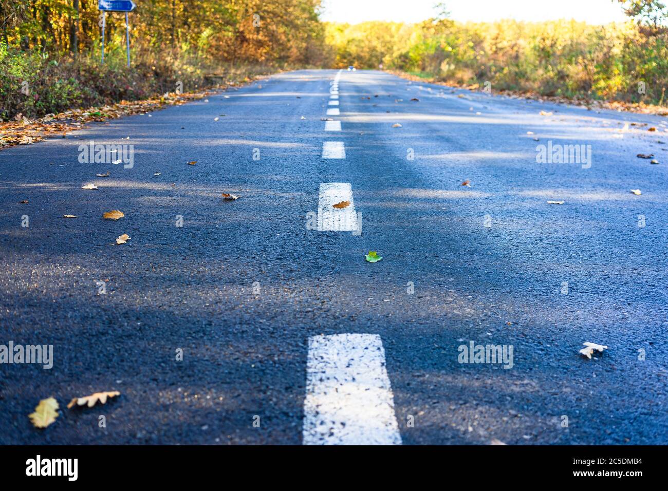 Asphalt Textur Hintergrund mit weißen Linien Markierungen, abstrakter Hintergrund Nahaufnahme isoliert Stockfoto