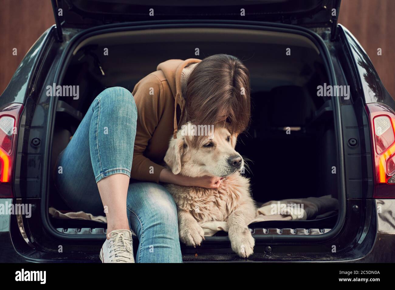Junge Frau umarmt goldenen Retriever, während sie im offenen Kofferraum sitzt Des schwarzen Autos Stockfoto