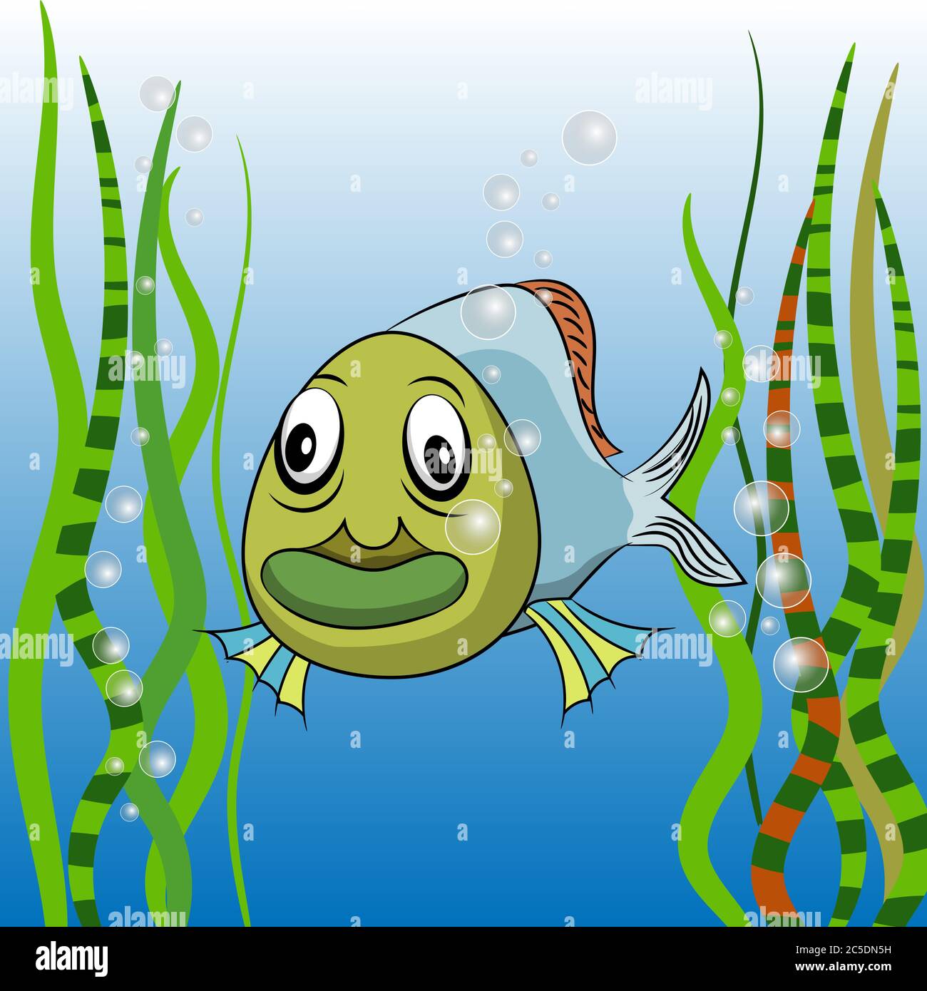 Niedliche Cartoon tropischen Fisch Vektor Illustration. Ocean Cartoon Fisch mit Luftblasen und Algen in der Nähe unter dem Wasser. Stock Vektor