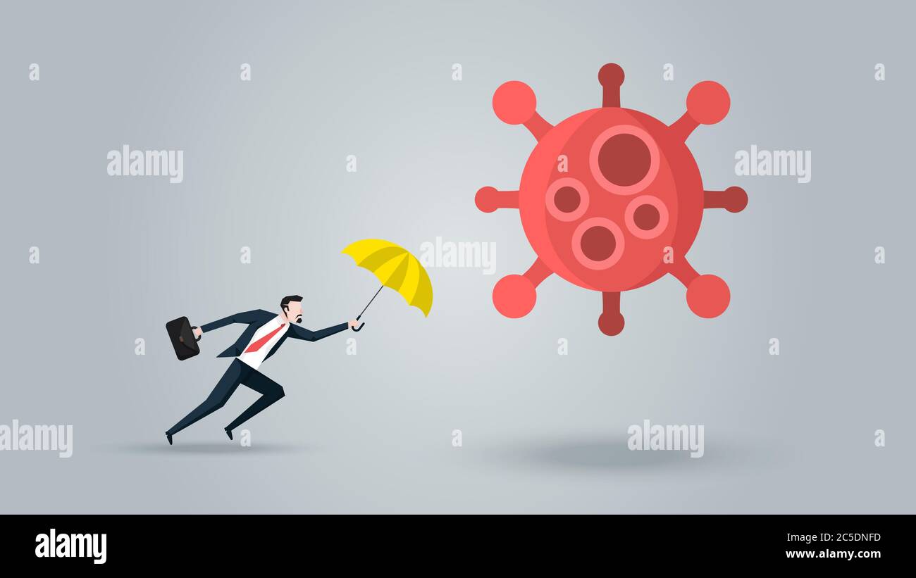 Geschäftsmann mit Gelbschirm Verteidigung Coronavirus 2019 oder Covid-19. Bedeutung ist, sein Geschäft, Unternehmen, Finanzen zu schützen, um zu überleben und zu bewegen Stock Vektor
