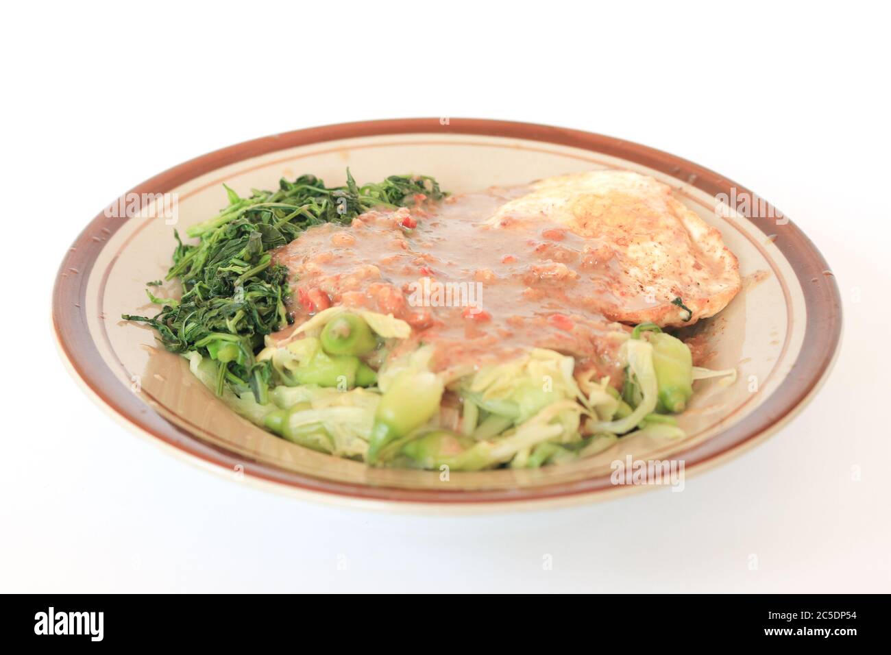 Nasi Pecel. Traditionelles javanesisches Reisgericht aus gedämpftem Reis mit Gemüsesalat, Erdnussdressing und Spiegelei. Stockfoto