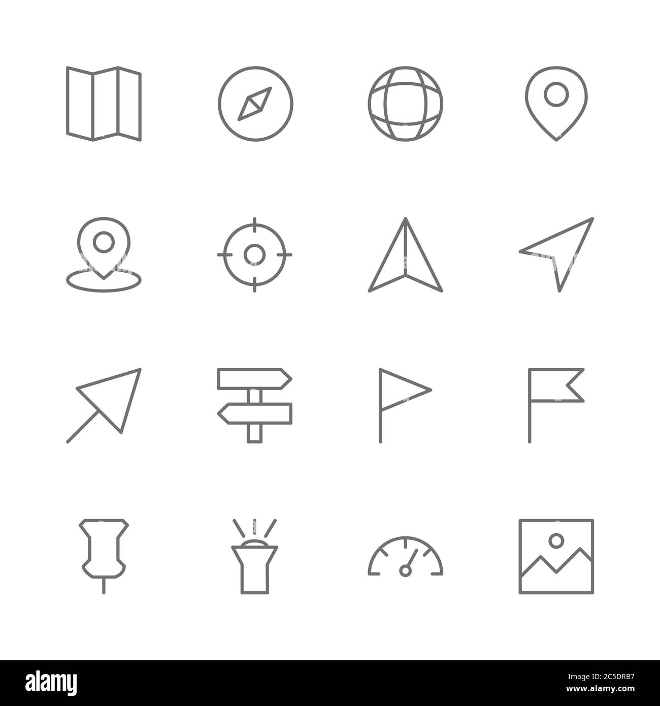 Einfacher Satz von Travel Related Vector Thin Line Icons. Enthält z. B. Karte, Kompass, Position, Position, GPS, Richtung, Beschriftung, Flagge, Stift, Licht, Geschwindigkeit Stock Vektor