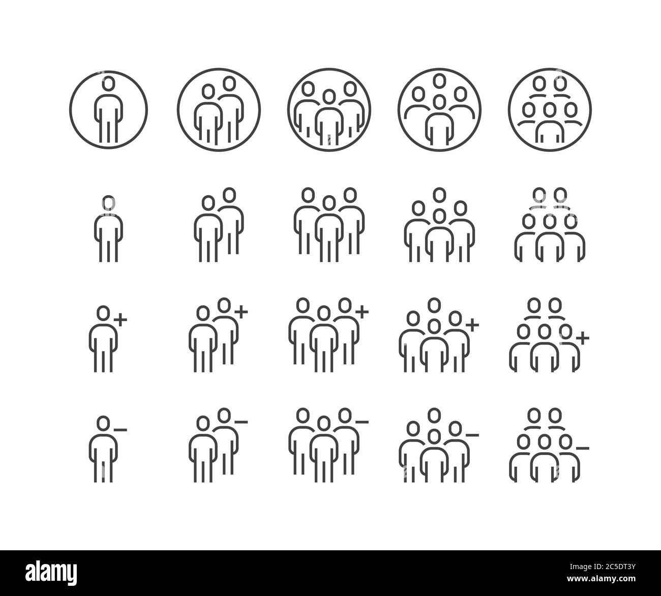 Einfache Reihe von Business People Related Vector Flat Outline Icons. Enthält z. B. Personengruppe, Hinzufügen, Freundschaftsanfrage, Kommunikation, Teamarbeit, Plus, Stock Vektor