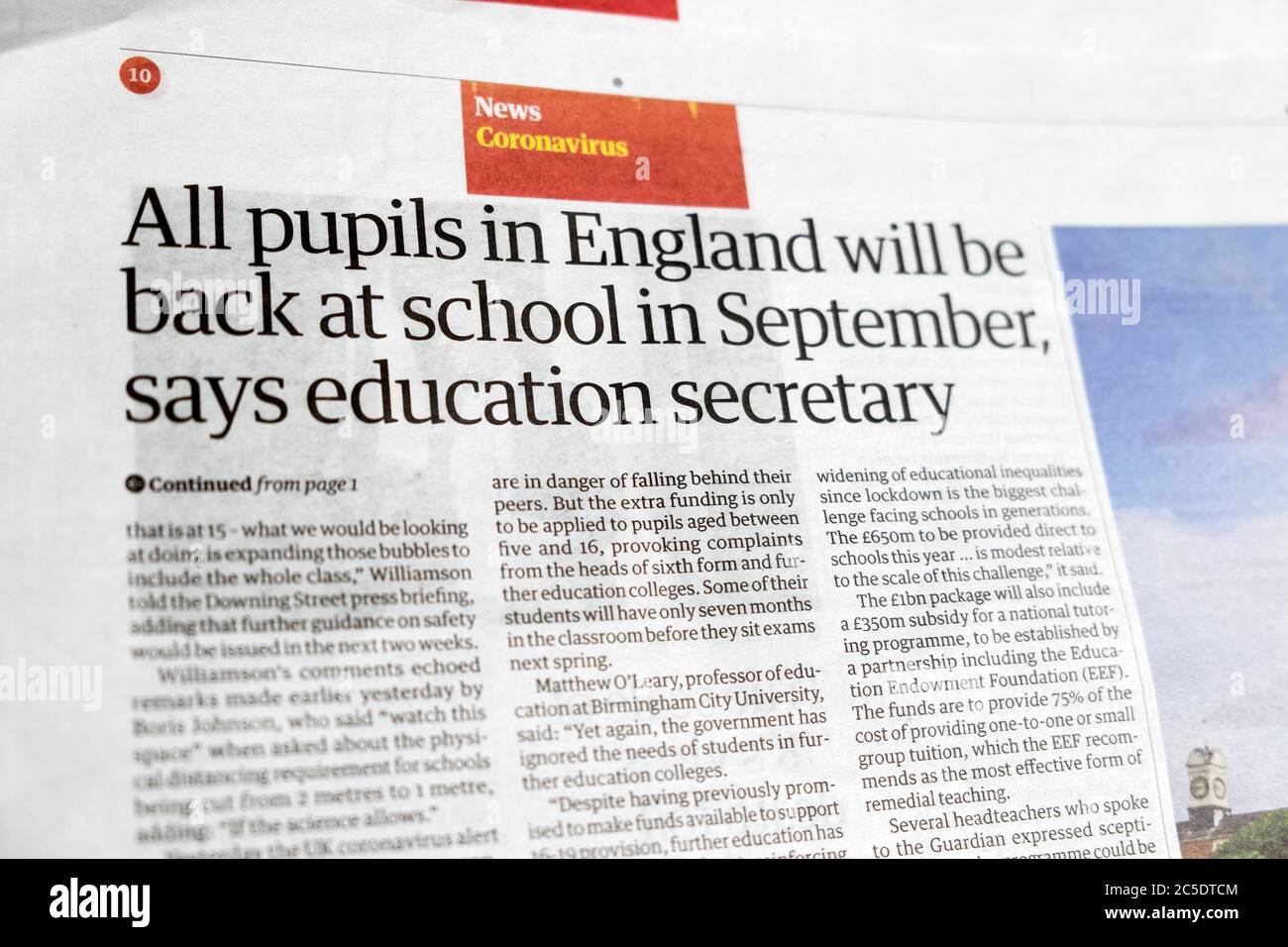 "Alle Schüler in England werden im September wieder zur Schule gehen", sagt Bildungsminister Gavin Williamson Guardian Zeitung 20 June 2020 UK Stockfoto