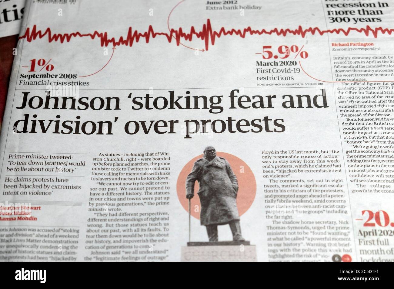 "Johnson "Angst und Spaltung" wegen Protesten" Schlagzeile der Zeitung The Guardian am 24. Juni 2020 London England Großbritannien Stockfoto