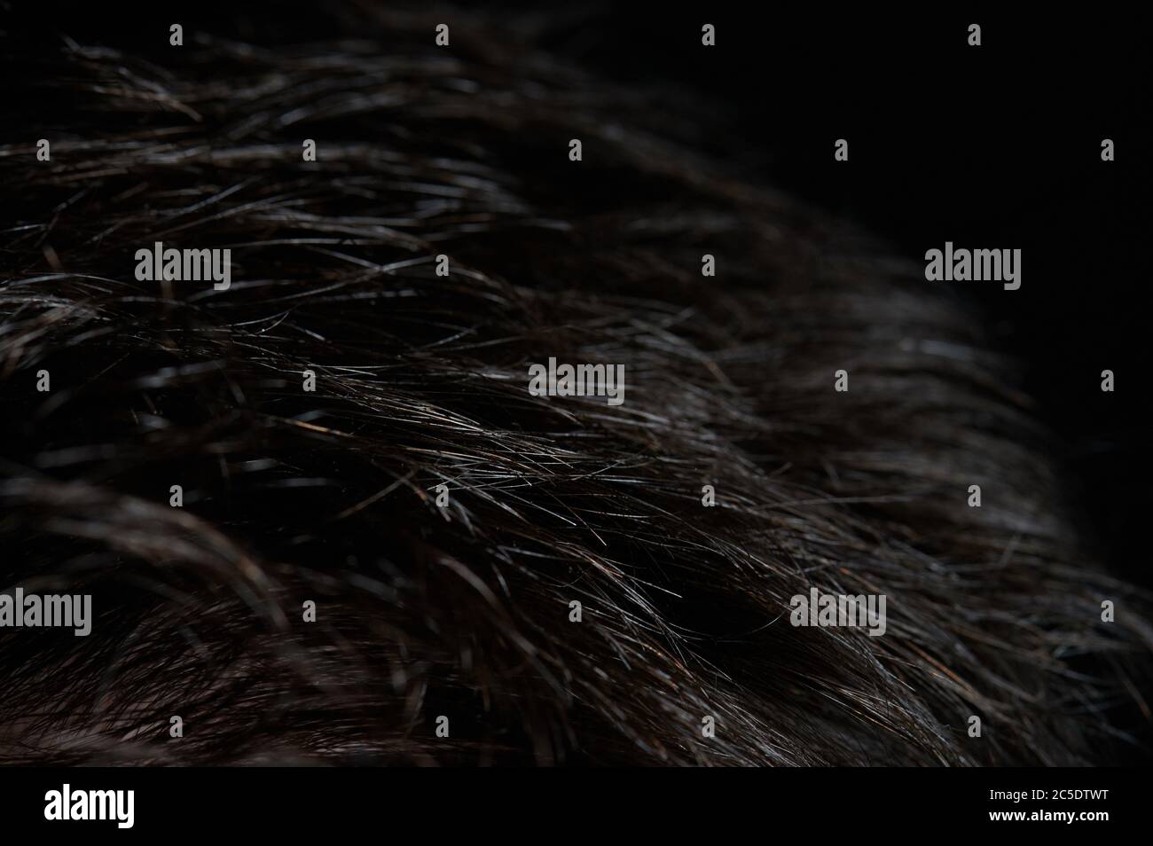 Kurze gerade dunkle Haare Hintergrund Makro Nahaufnahme Stockfoto