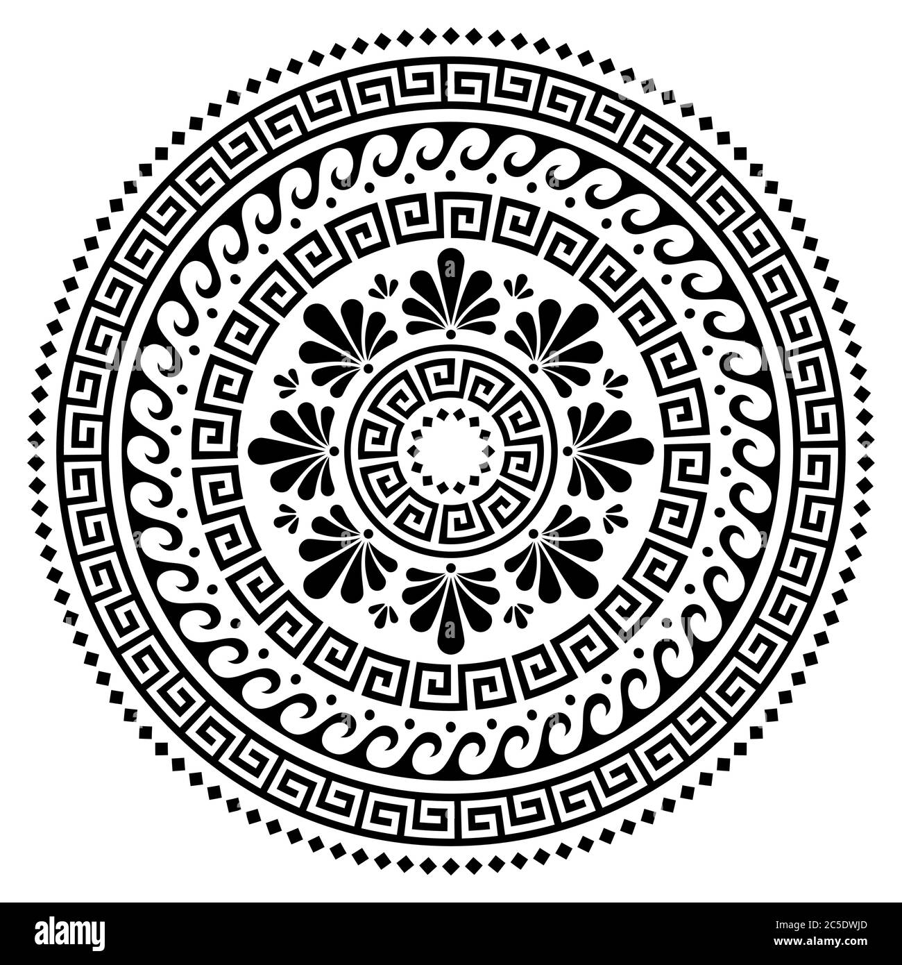 Griechischer Vektor Boho Mandala Design, Alte runde Welle und griechische Schlüsselmuster Kunst im Kreis isoliert auf weiß Stock Vektor