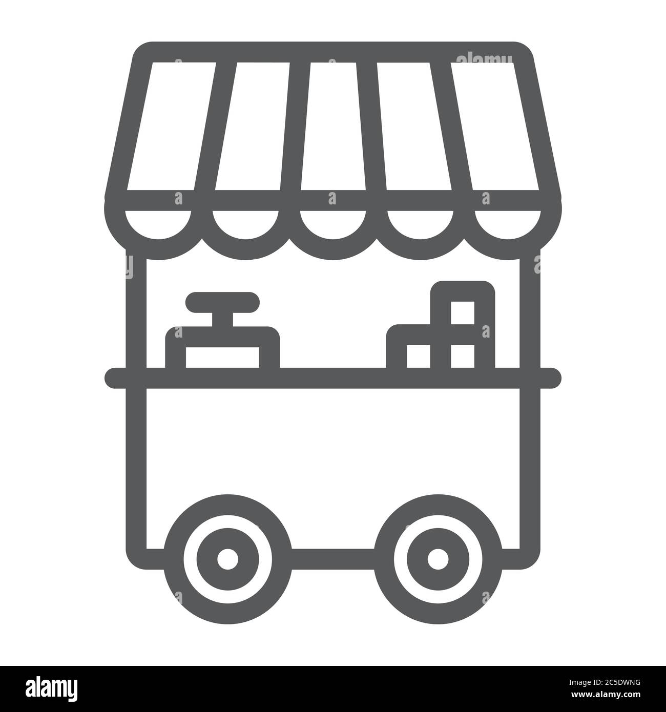 Symbol für die Linie des Imbissbudes, Kiosk und Stand, Straßenbild, Vektorgrafik, ein lineares Muster auf weißem Hintergrund. Stock Vektor