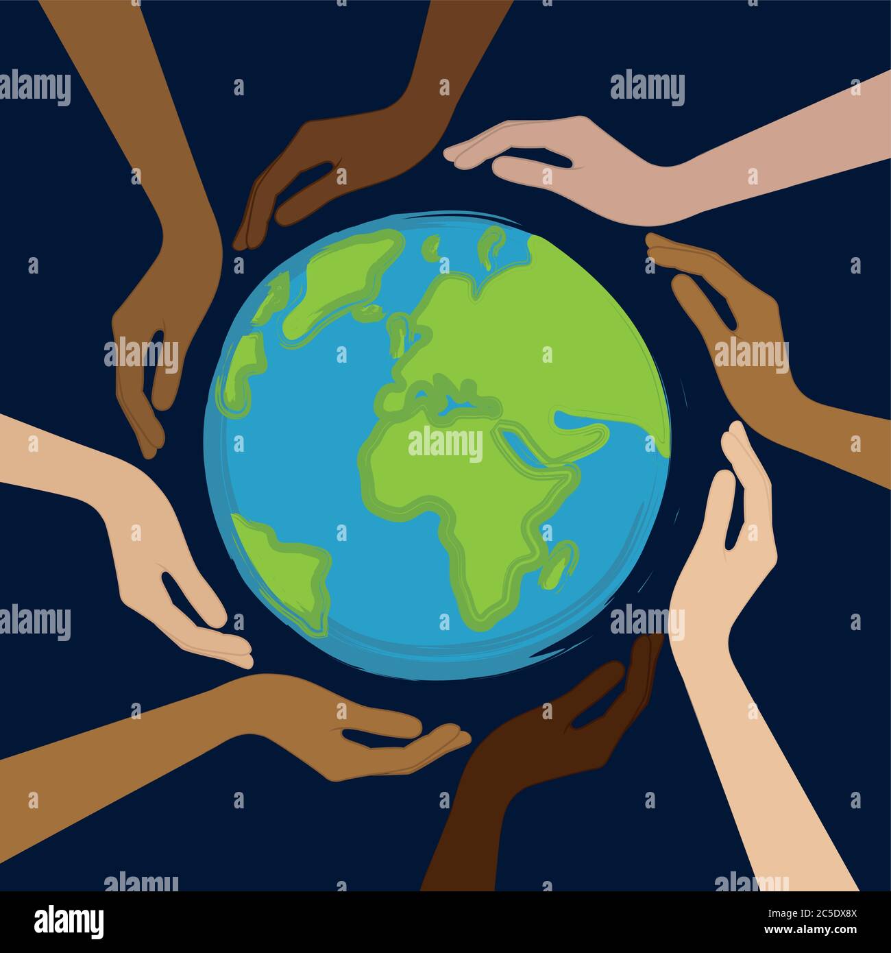 Der Planet Erde in der Mitte der Hände mit unterschiedlichen Hautfarben Vektor-illustration EPS 10. Stock Vektor