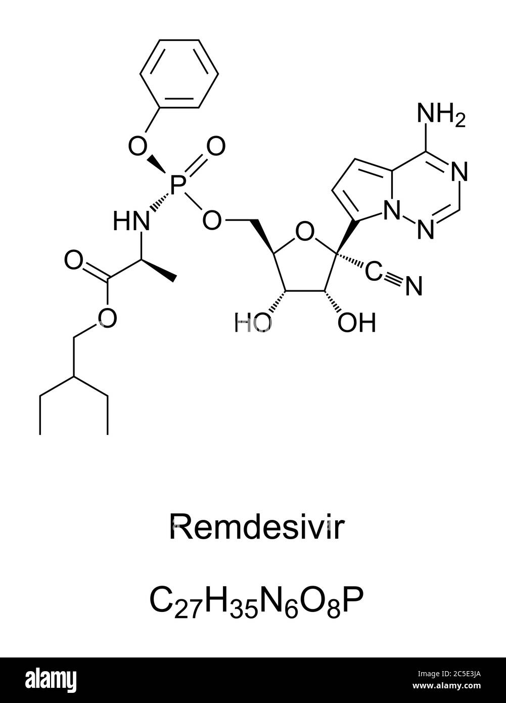 Remdesivir. Chemische Struktur. Ein breites Spektrum antiviraler Medikamente. Remdesivir ist der internationale, nicht proprietäre Name, Entwicklungscode GS-5734. Stockfoto