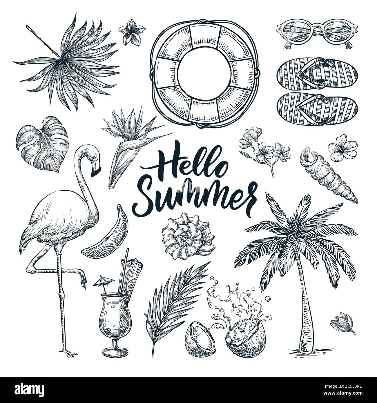 Hello Sommer Kalligraphie Schriftzug und tropische Design-Elemente Set. Vektorgrafik Doodle Skizze. Urlaub, Meer Strand Urlaub handgezeichnete Ikonen, Stock Vektor
