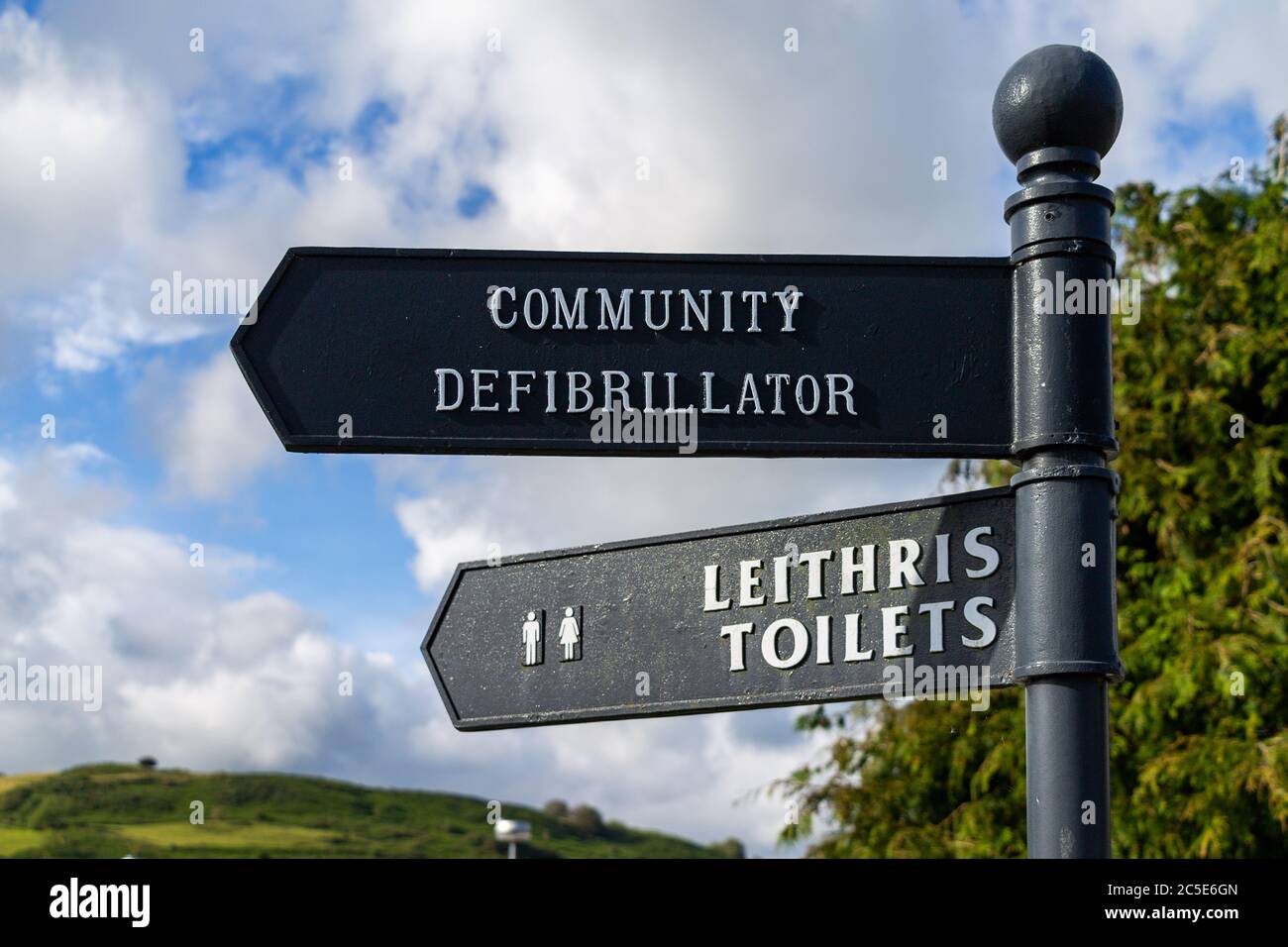 Straßenschild aus Gusseisen, das auf öffentliche Toiletten und Defibrillator zeigt Stockfoto