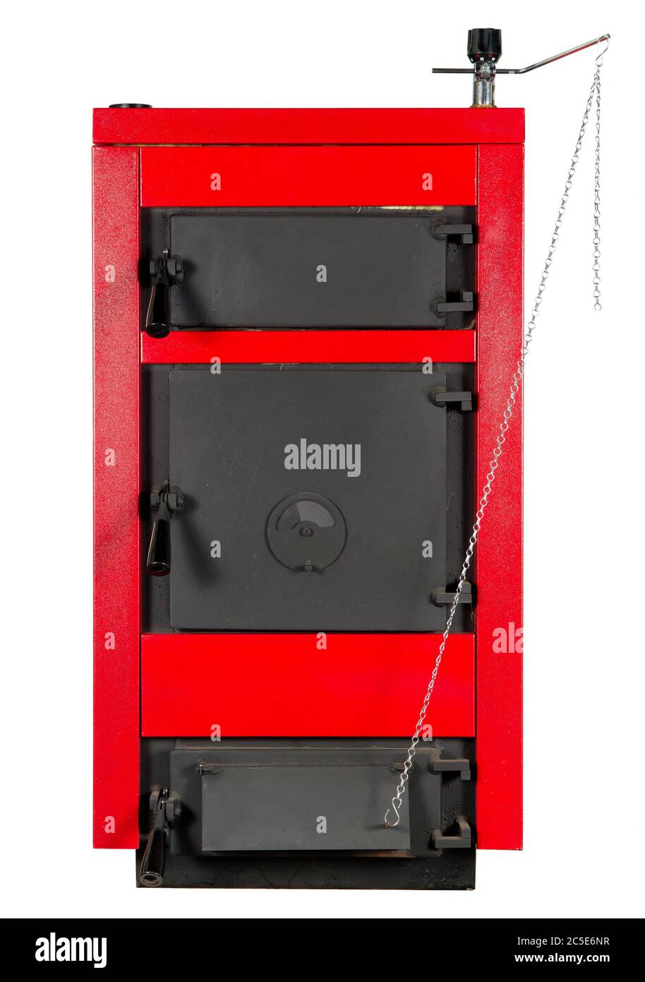 Home Ofen isoliert auf weißem Hintergrund. Moderner Kessel für die Heizung von Wohnhäusern. Große schwarze und graue Bodenheizung. Holz oder Kohle ist erforderlich Stockfoto