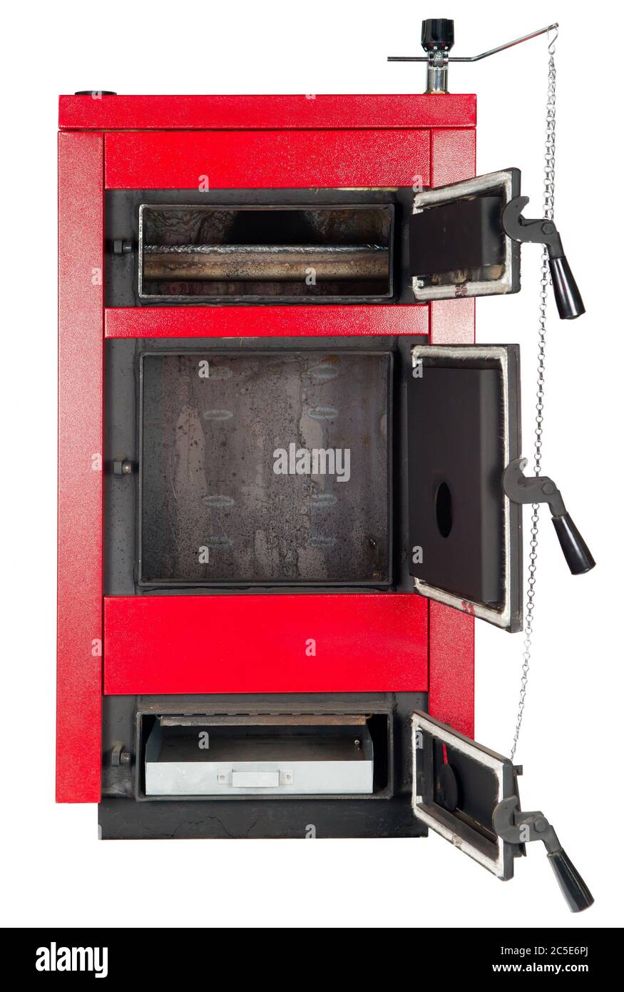Home Ofen isoliert auf weißem Hintergrund. Moderner Kessel für die Heizung von Wohnhäusern. Große schwarze und graue Bodenheizung. Holz oder Kohle ist erforderlich Stockfoto