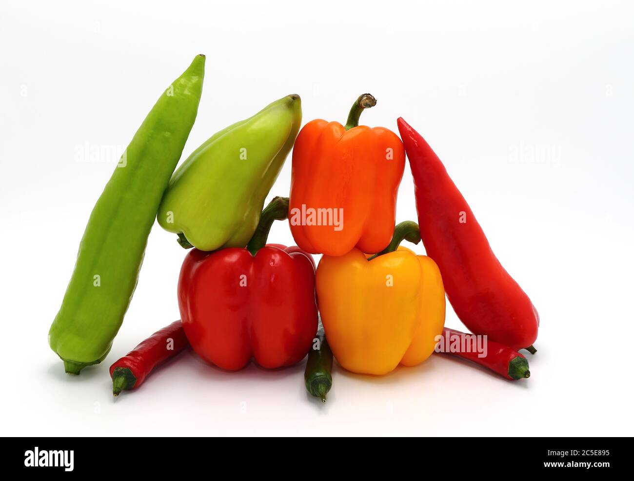 Komposition von verschiedenen Arten von Paprika in verschiedenen Formen, Farben und Größen auf einem hellen Hintergrund. Naturprodukt. Natürliche Farbe. Nahaufnahme. Stockfoto