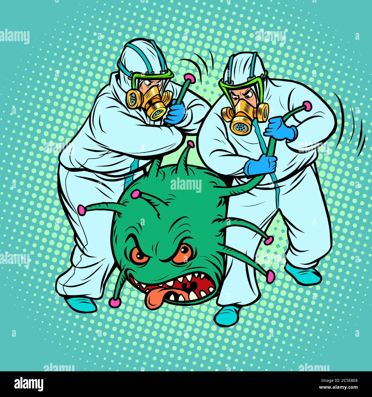 Ärzte in Schutzanzügen und einem Coronavirus. Humorvolle Karikatur. Das Virus wurde als Verbrecher verhaftet Stock Vektor