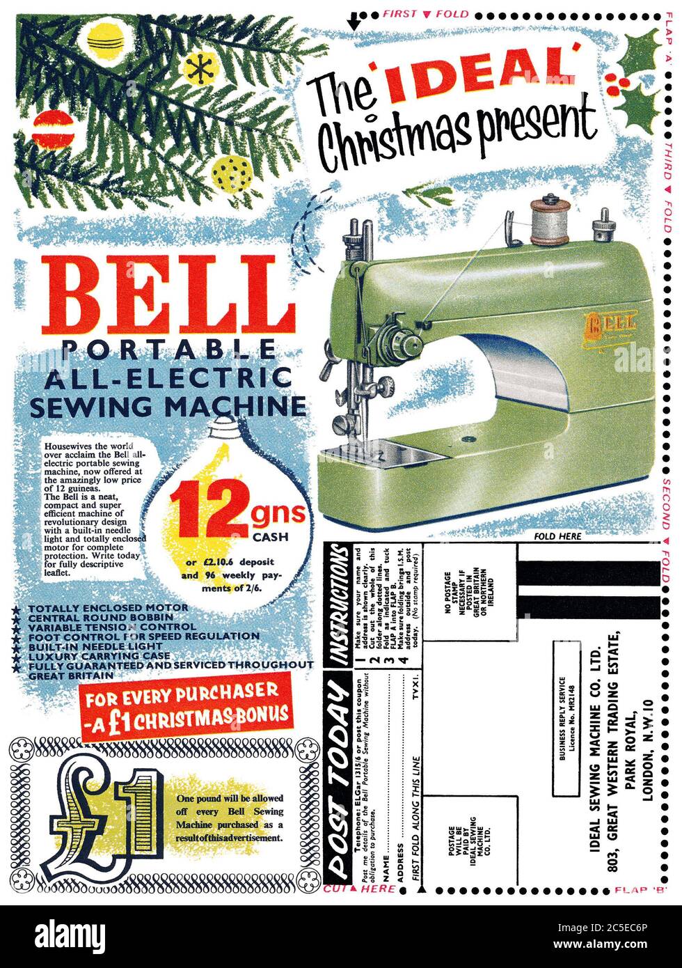 1960 Britische Weihnachtswerbung für die tragbare elektrische Nähmaschine Bell. Stockfoto