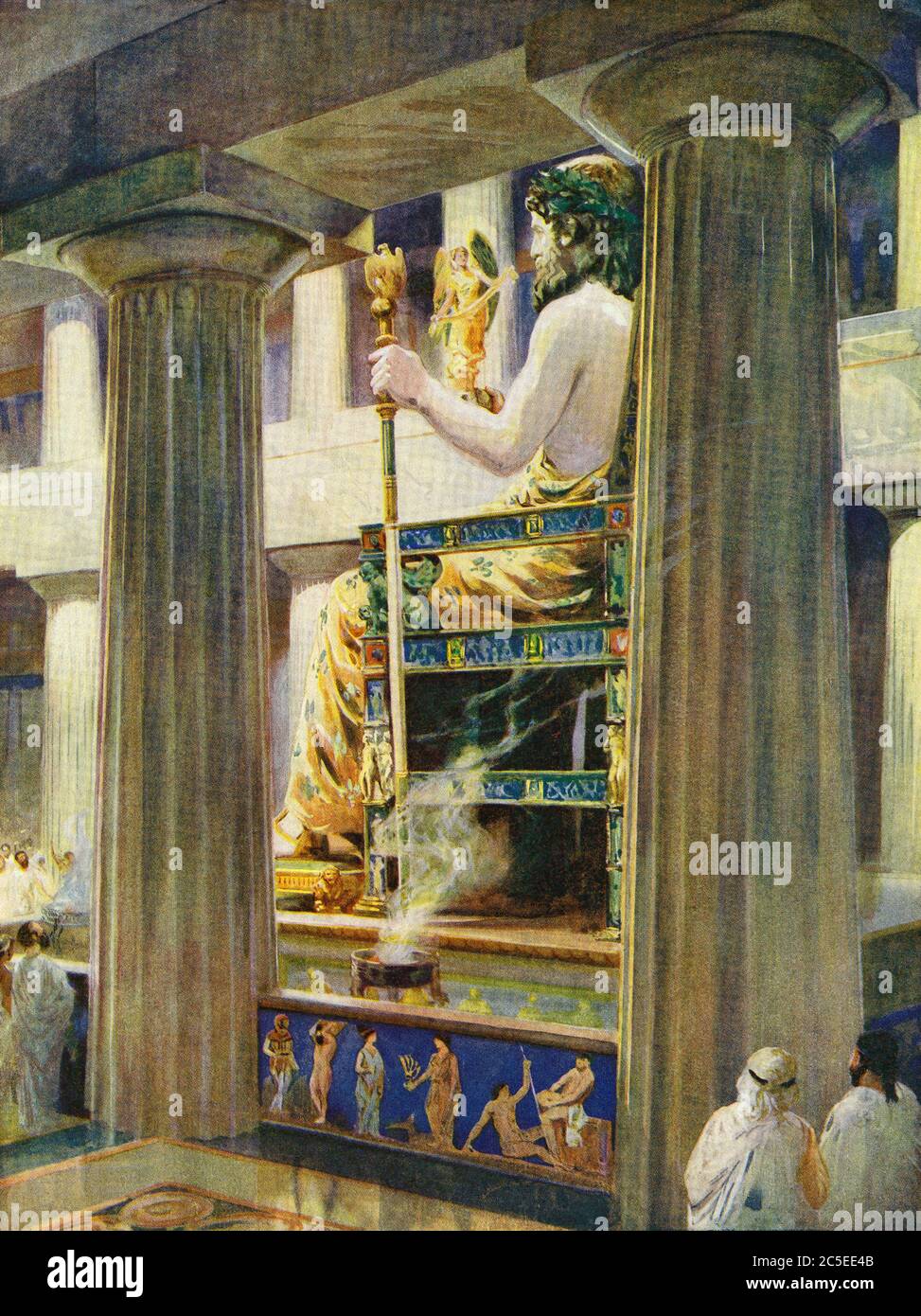 Statue des Zeus im Tempel des Zeus, Olympia im antiken Griechenland. Es wurde von dem griechischen Bildhauer Phidias um 435 v. Chr. gemacht und war eines der sieben Wunder der Antike. Nach einer Illustration von Charles M. Sheldon. Stockfoto