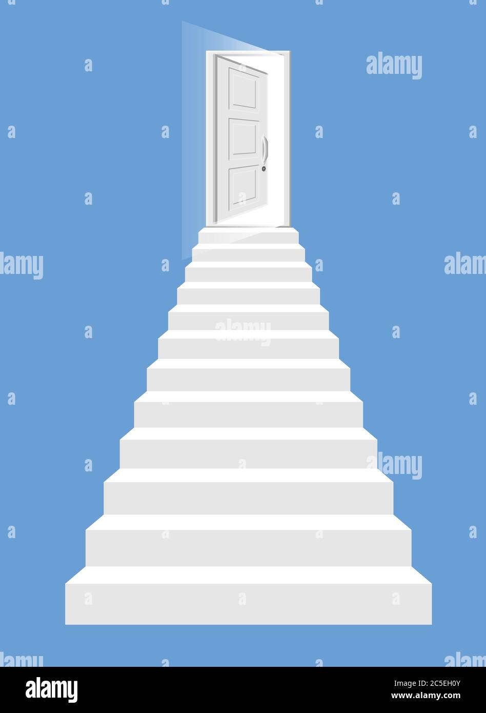 Weiße Treppe und offene Tür isoliert. Stufen hinauf zum glänzenden Eingang. Konzept von Erfolg, Leistung, Treppe zum Himmel. Symbol der Motivation, Entwicklung. Flache Vektorgrafik Stock Vektor